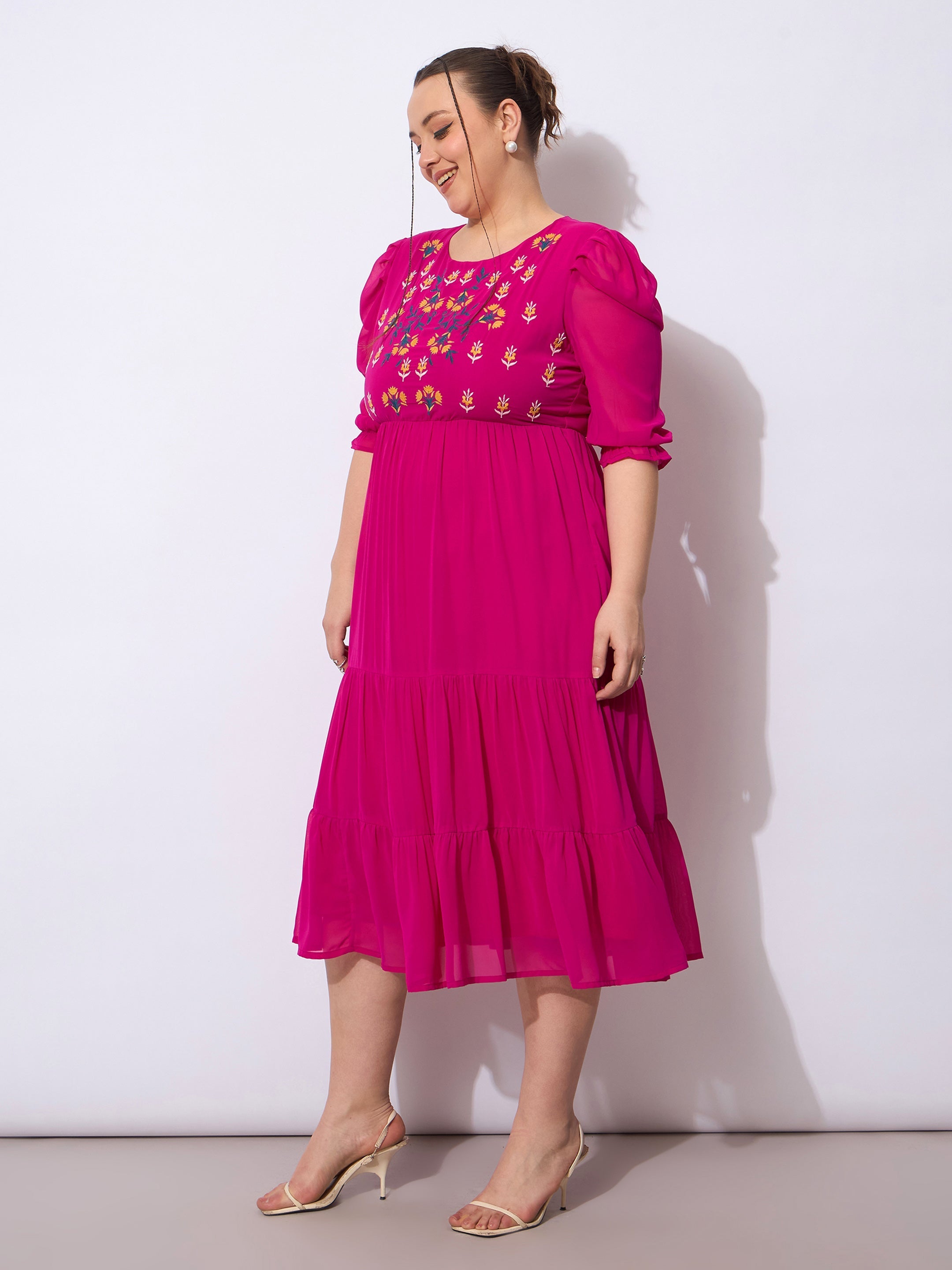 Women Magenta Embroidered Georgette Tiered Midi Dress