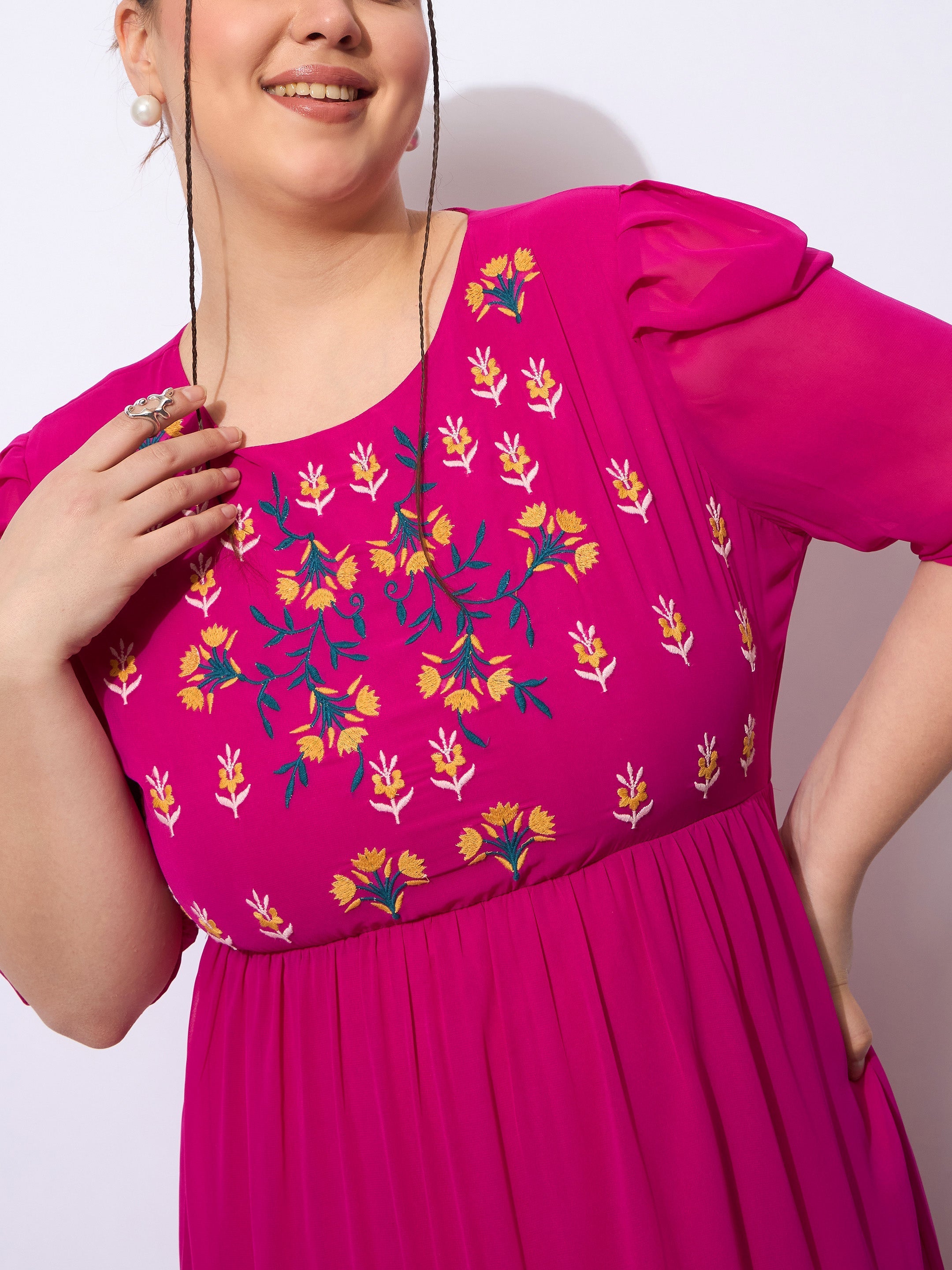 Women Magenta Embroidered Georgette Tiered Midi Dress