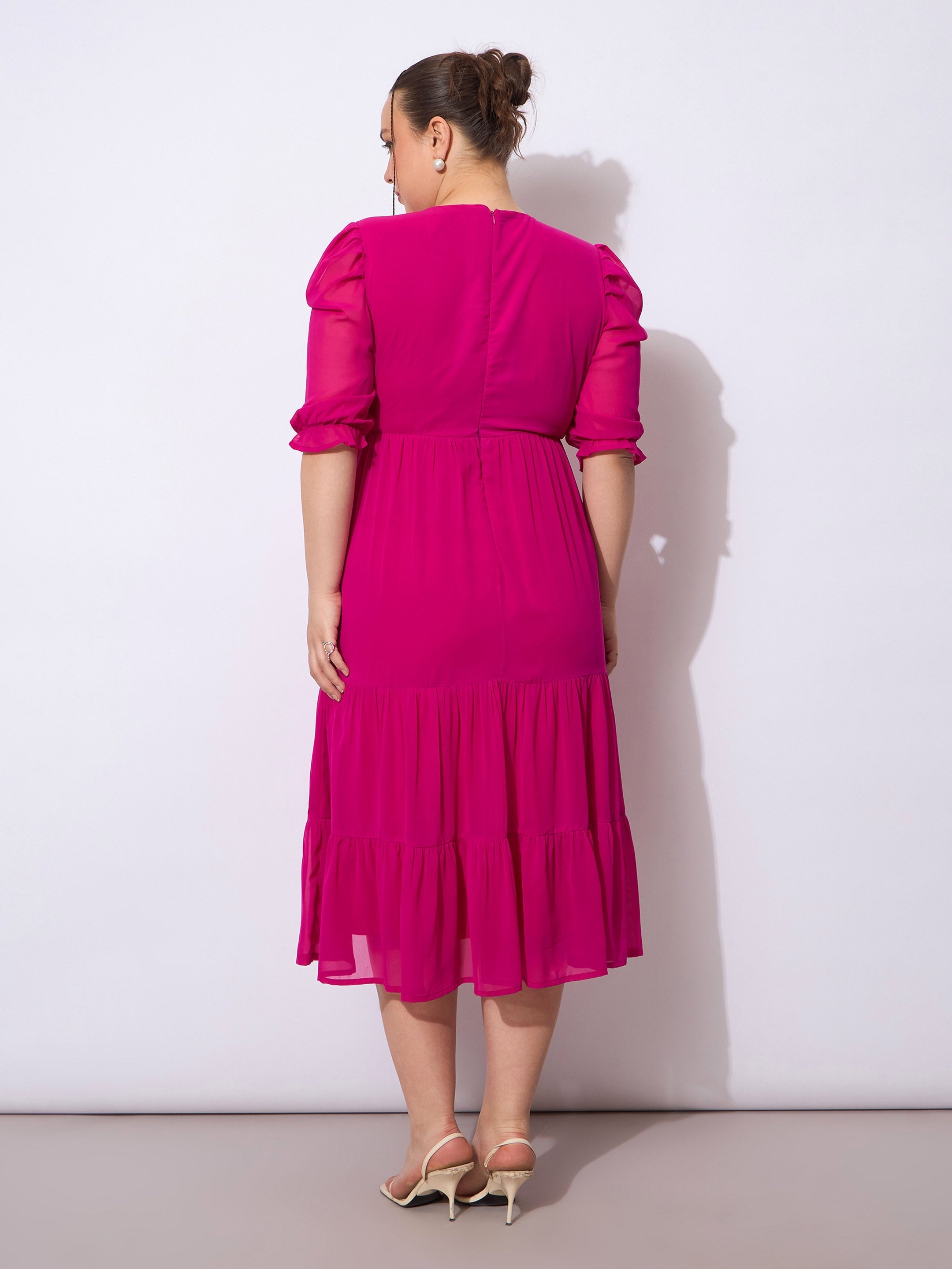 Women Magenta Embroidered Georgette Tiered Midi Dress