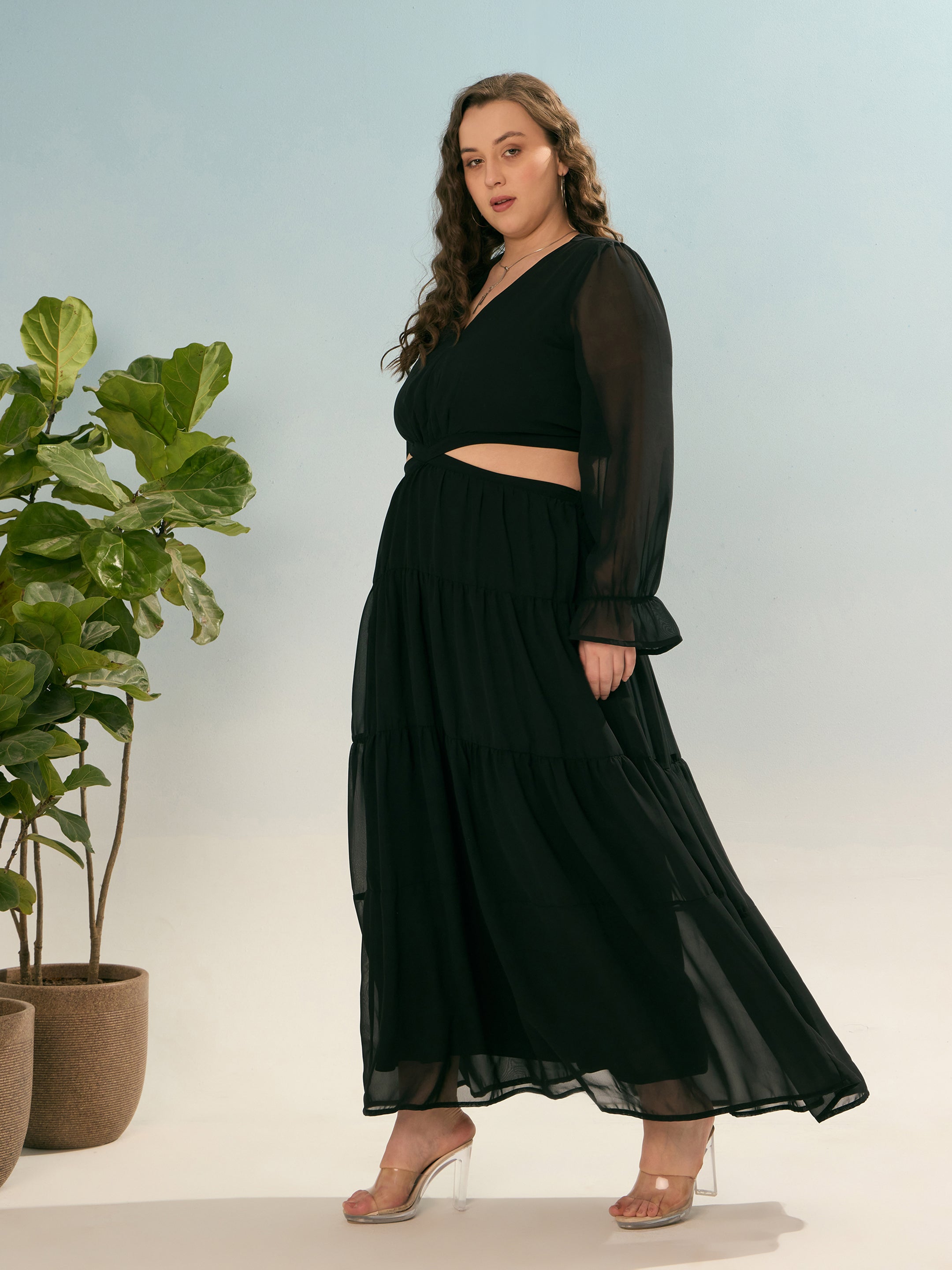 Women Black Solid Waist Cut-Out Maxi Dress