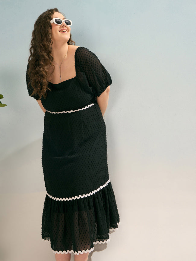 Women Black Dobby Back Smocking Midi Dress