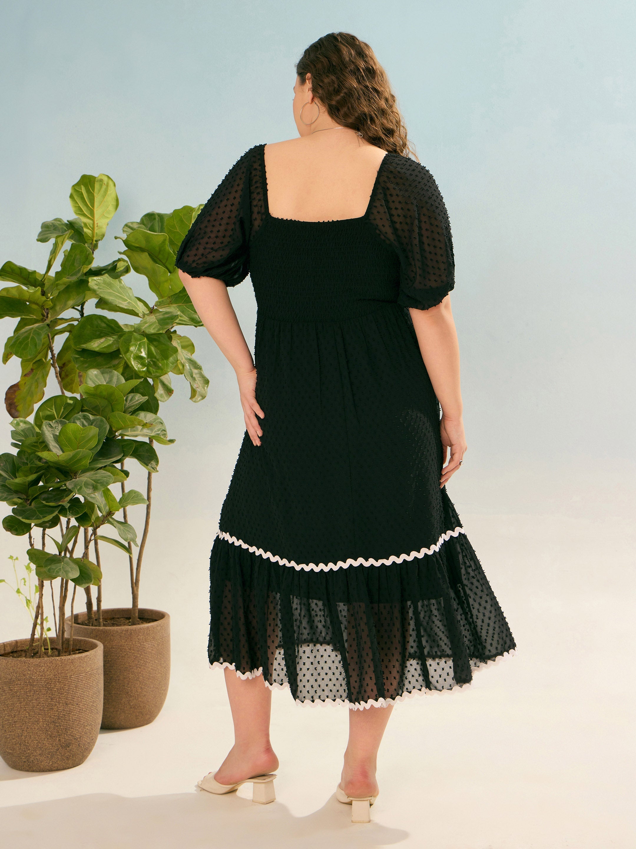 Women Black Dobby Back Smocking Midi Dress