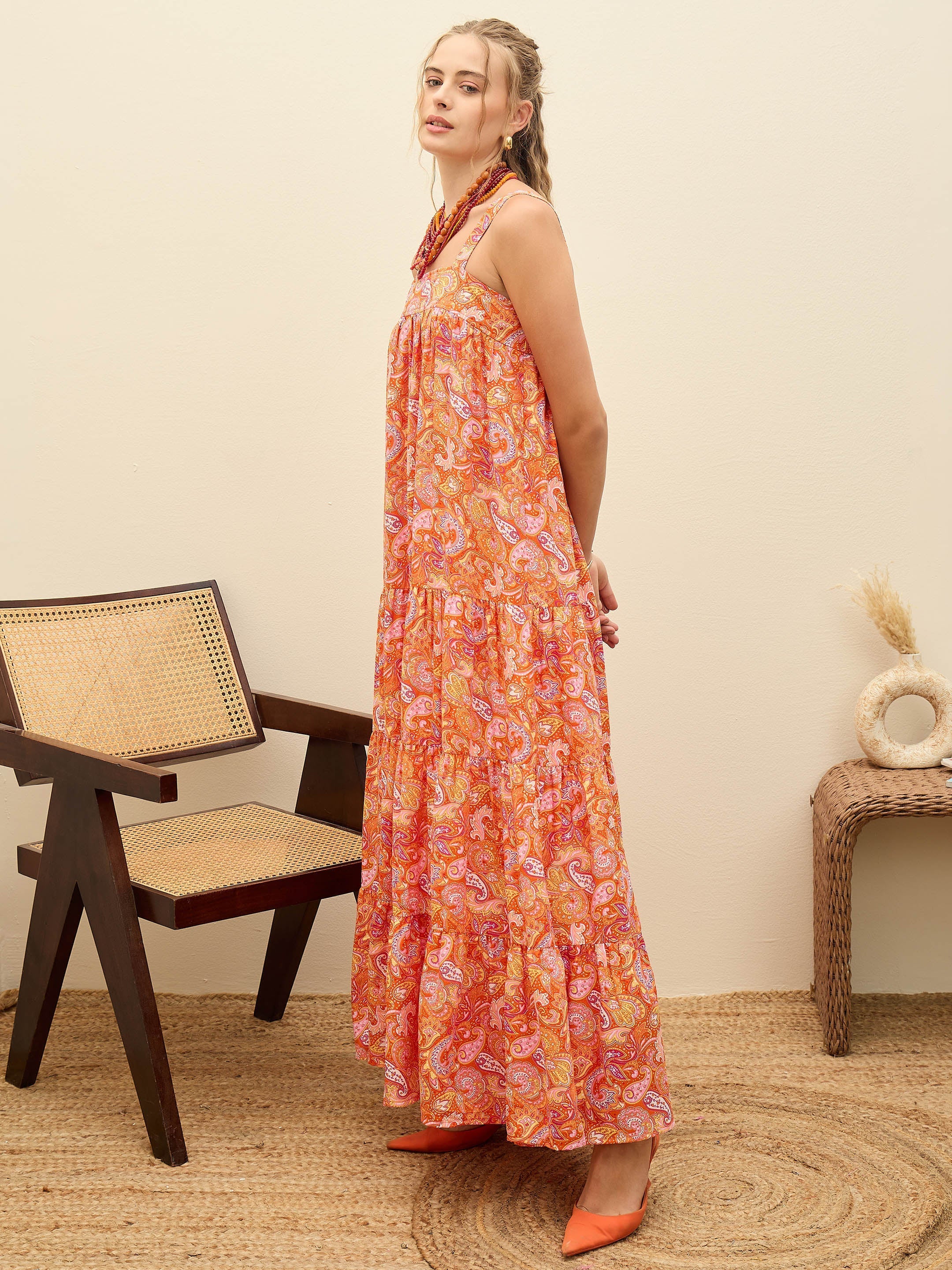 Women Orange Paisley Strappy Tiered Maxi Dress
