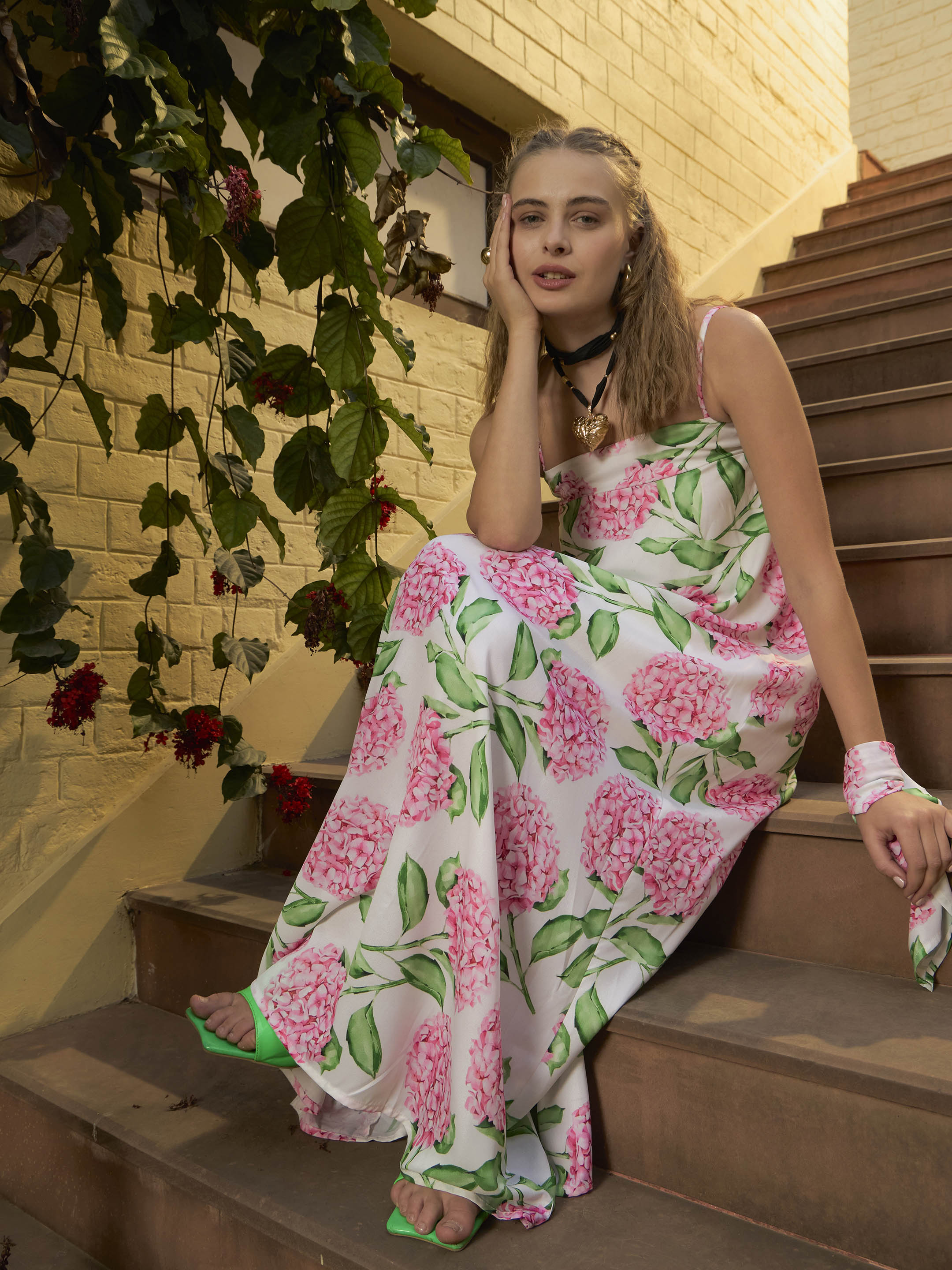 Women White Floral Strappy Loose Fit Maxi Dress