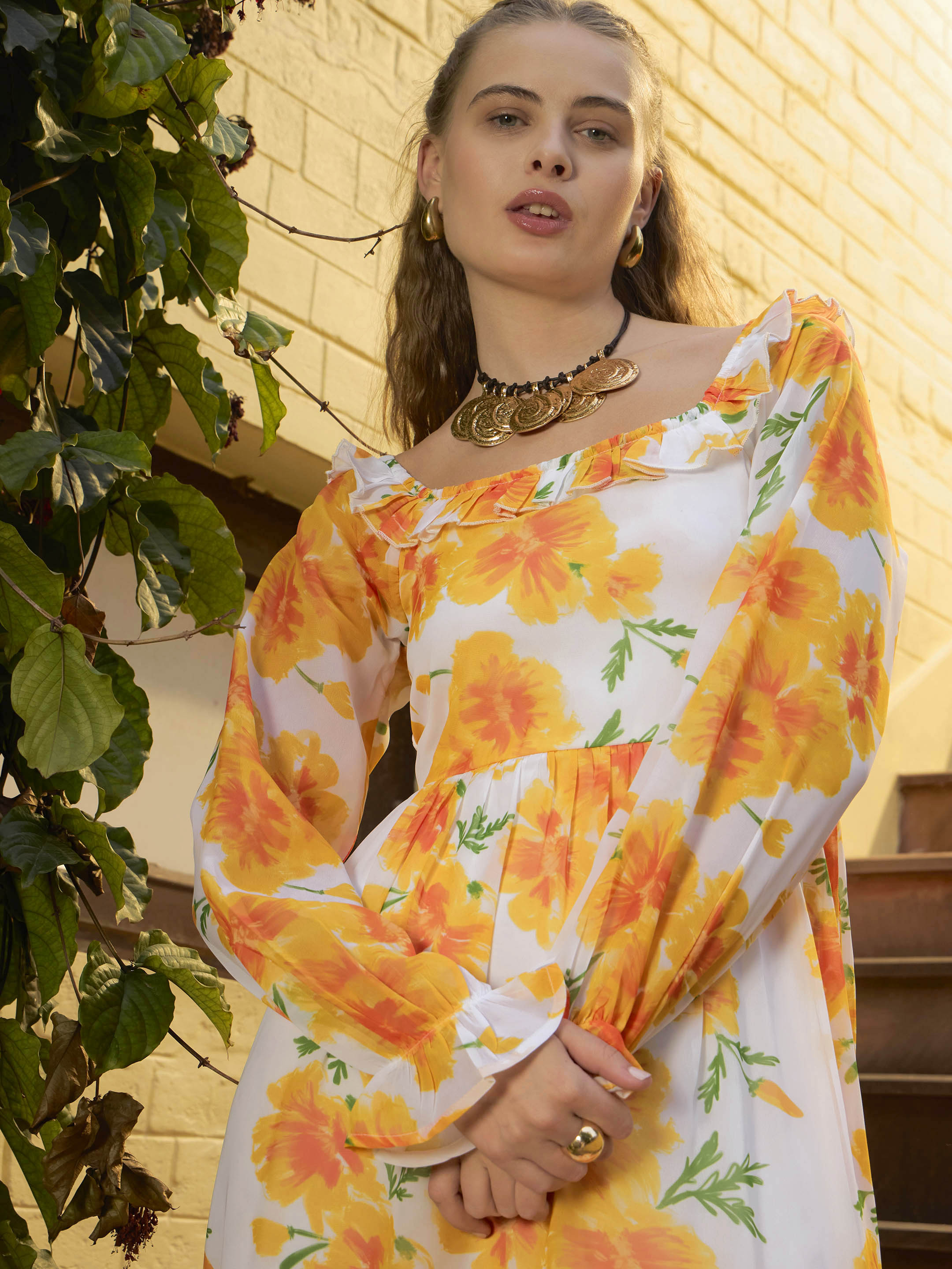 Women Yellow Floral Square Neck Maxi Dress