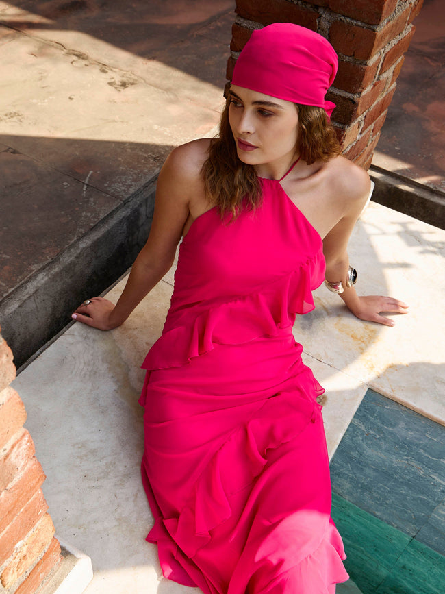 Women Magenta Solid Halter Neck Maxi Dress