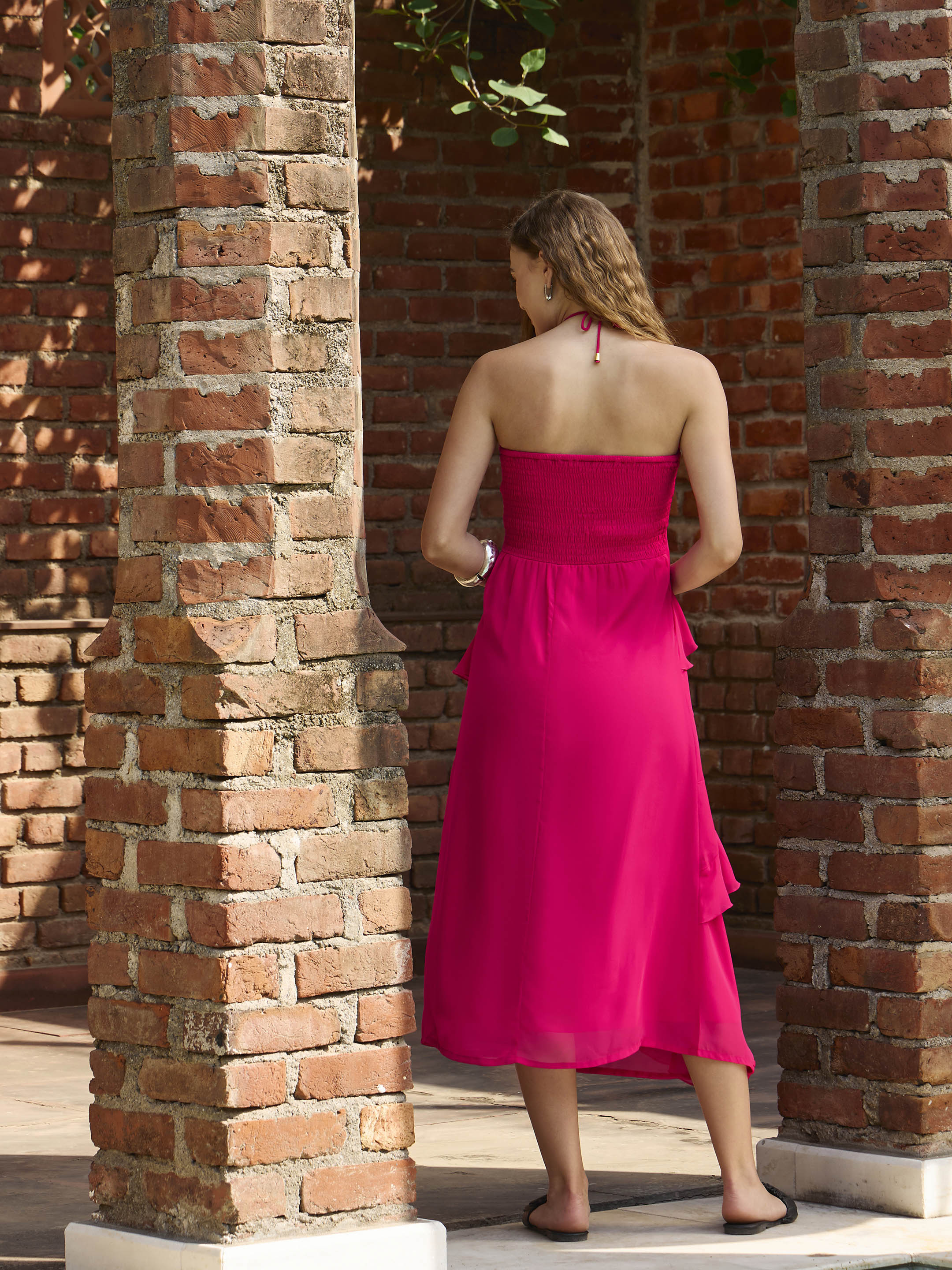 Women Magenta Solid Halter Neck Maxi Dress