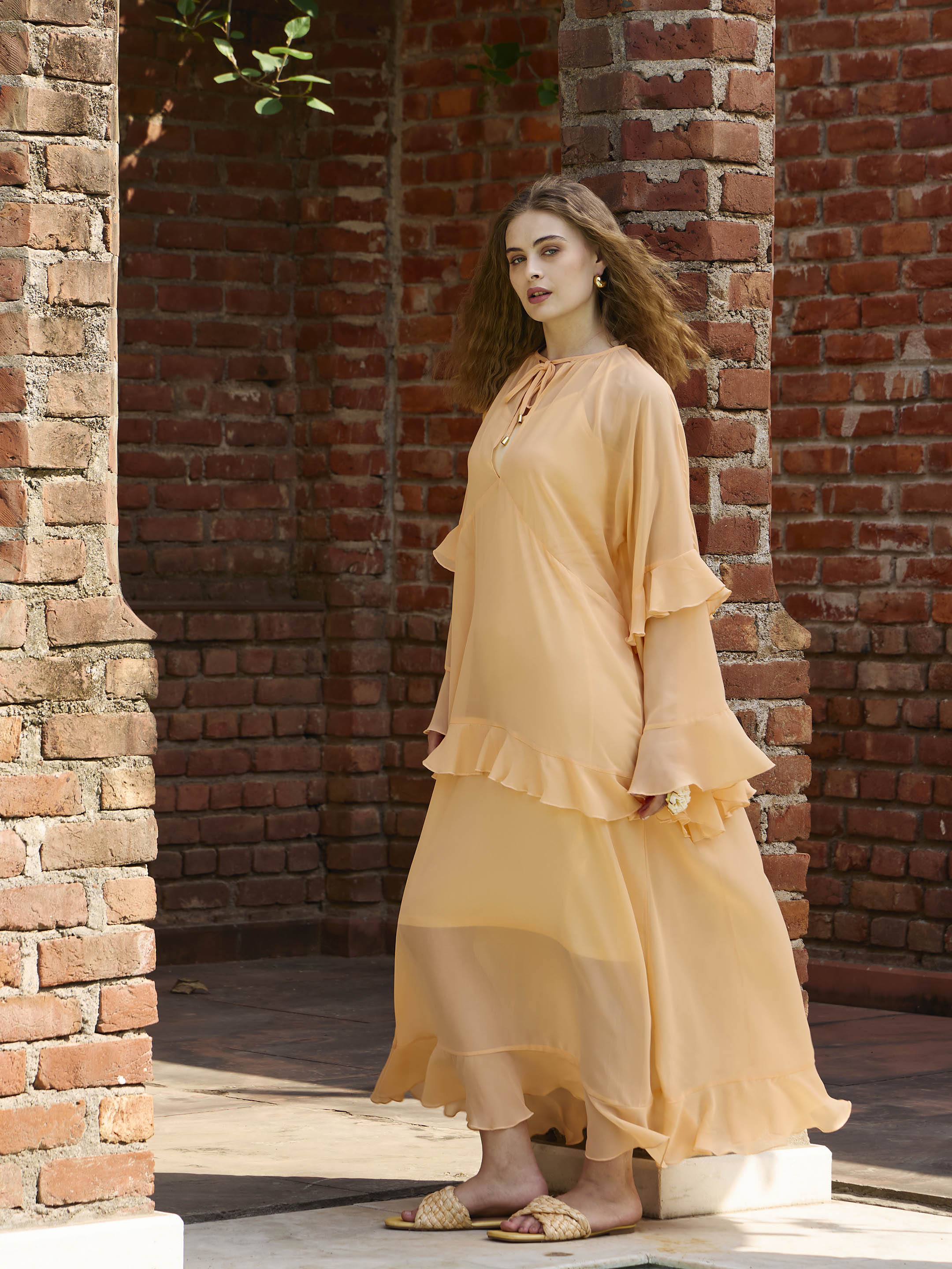 Women Peach Solid Loose Fit Maxi Dress