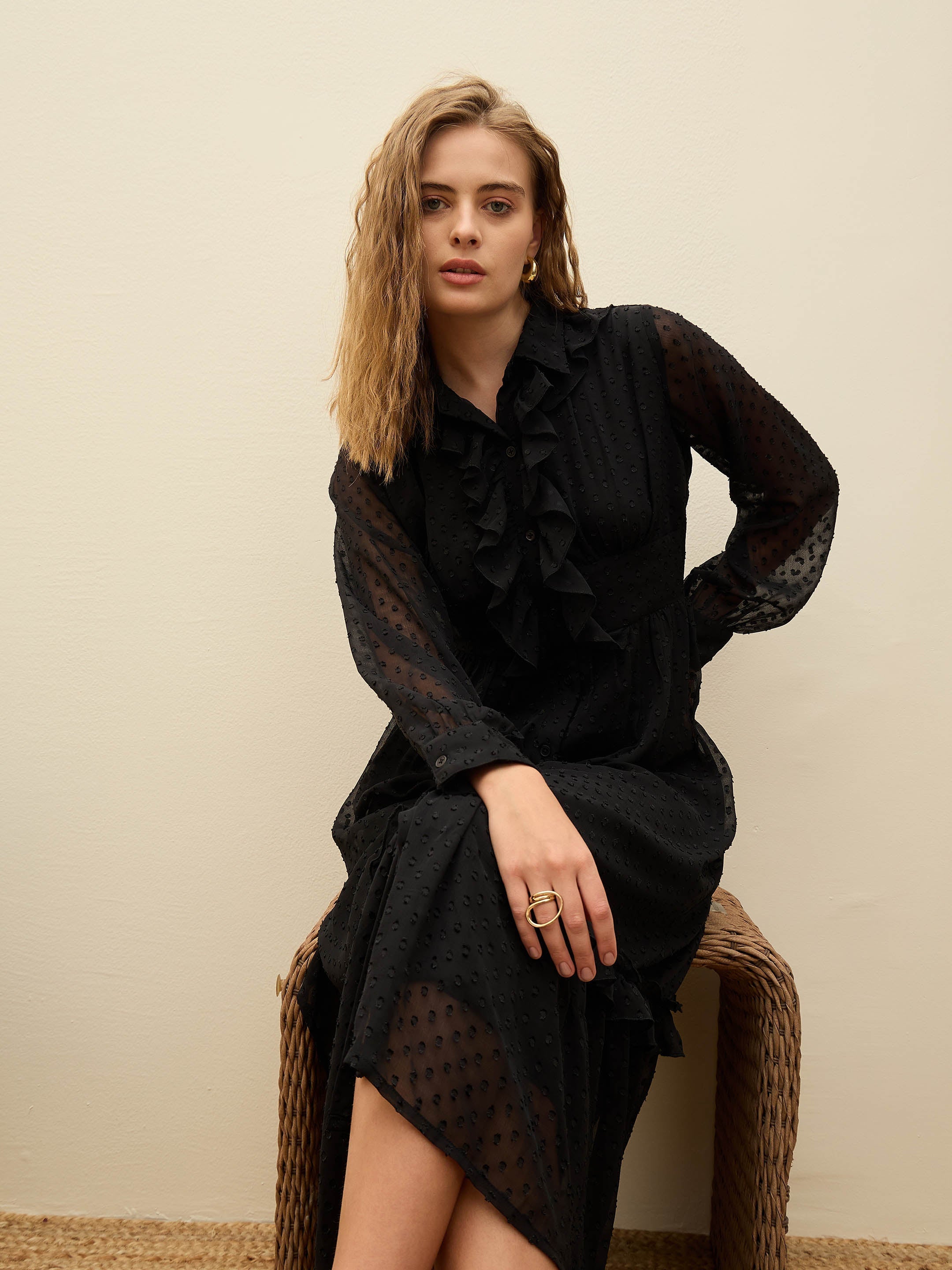 Women Black Dobby Puff Sleeve Midi Dress
