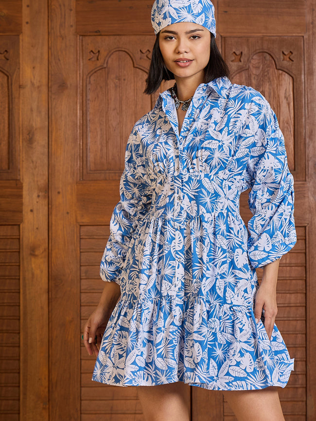Women Blue & White Floral Ruched Sleeves Short Dress