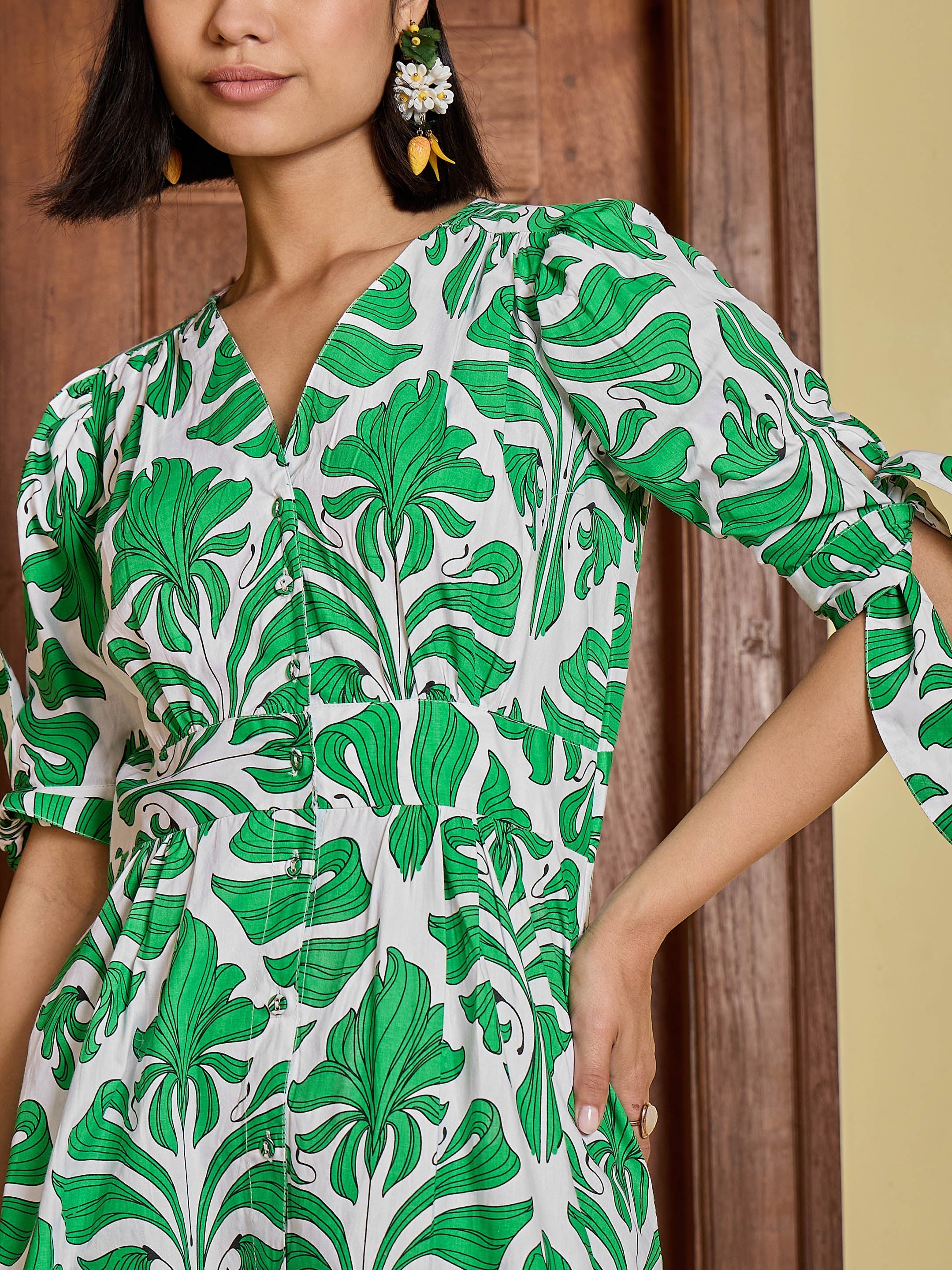Women Green & White Front Button Midi Dress