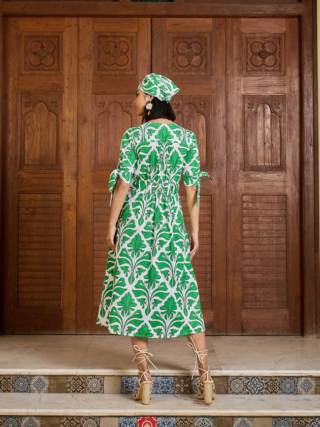 Women Green & White Front Button Midi Dress