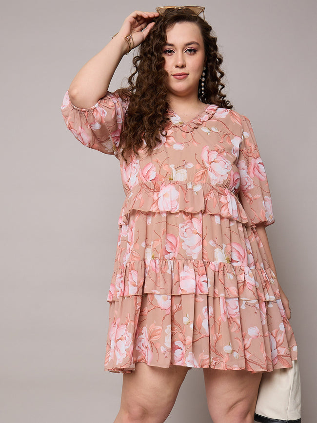 Women Brown Floral Short Tiered Dress