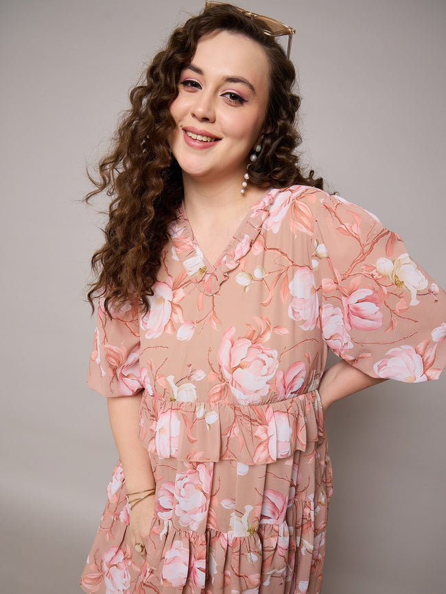Women Brown Floral Short Tiered Dress