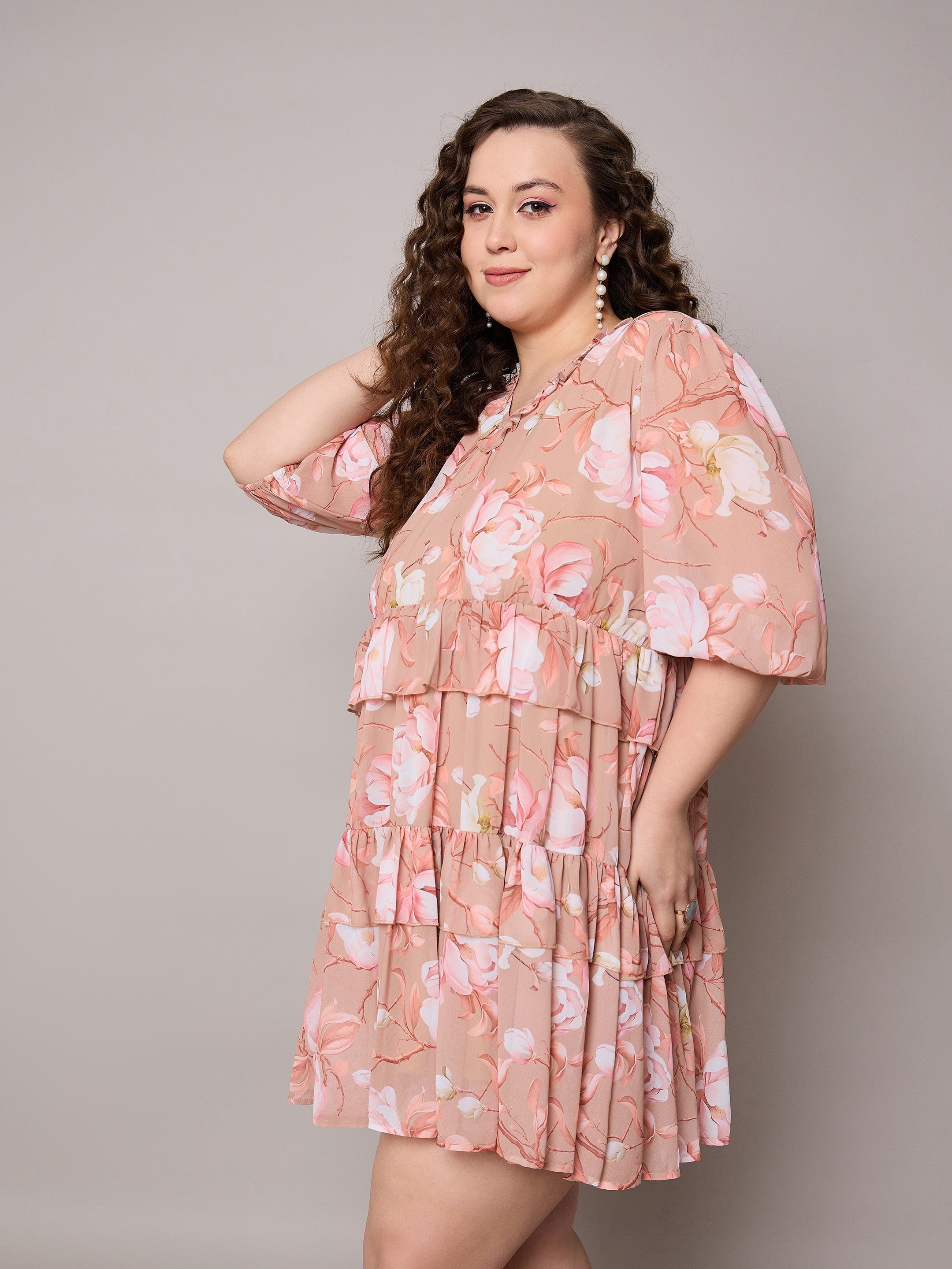 Women Brown Floral Short Tiered Dress