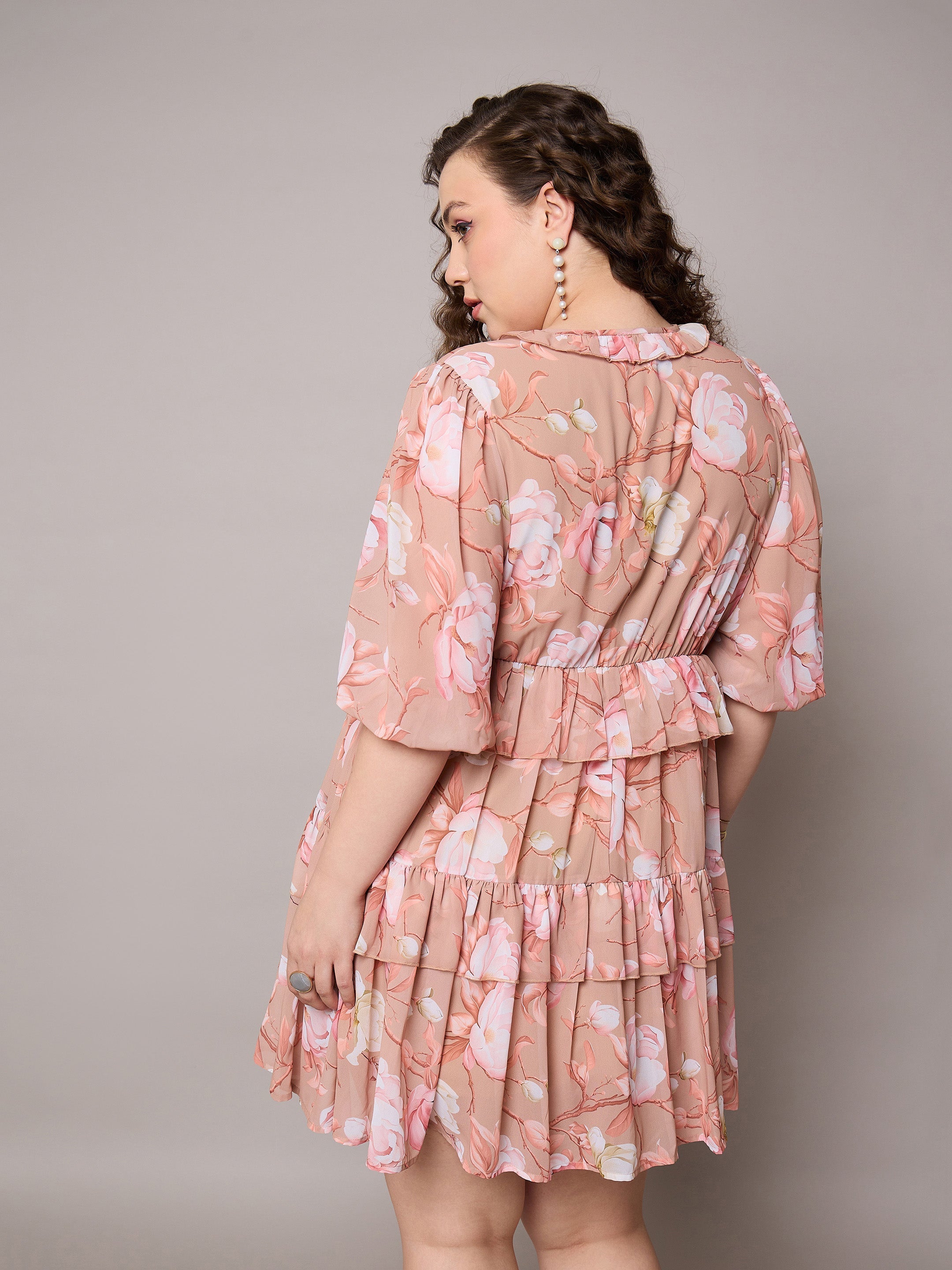 Women Brown Floral Short Tiered Dress