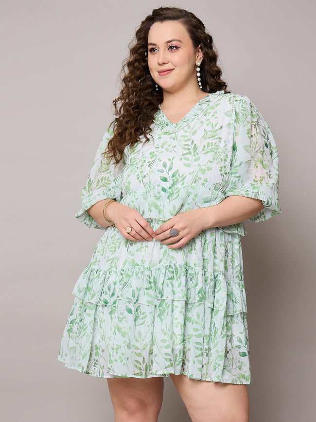 Women Green Floral Short Tiered Dress