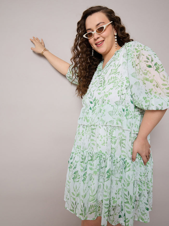 Women Green Floral Short Tiered Dress