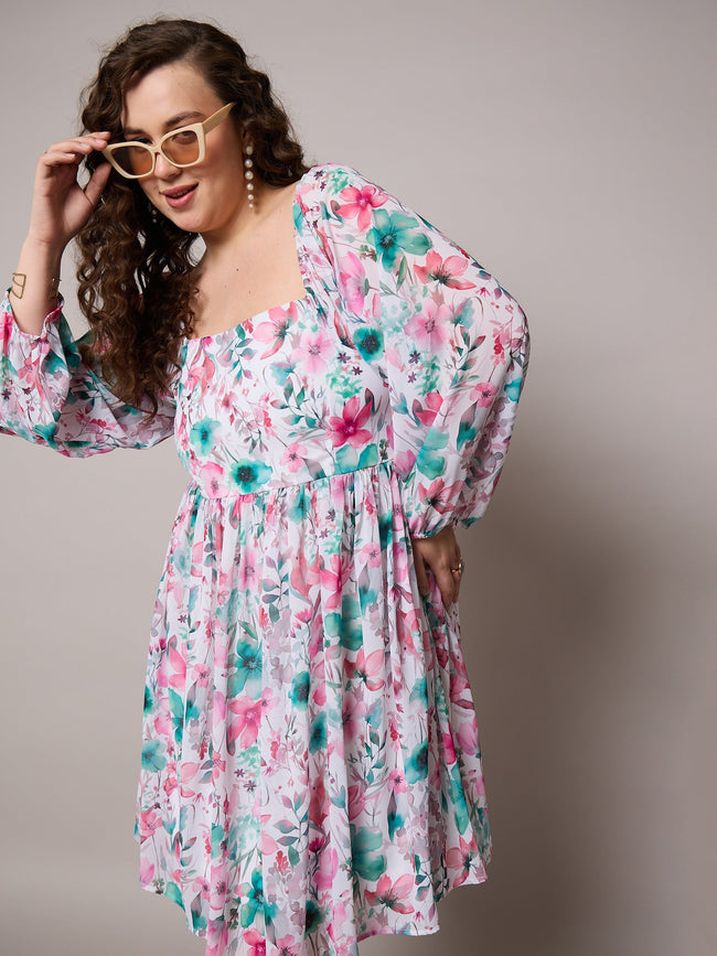 Women Pink Floral Square Neck Short Skater Dress