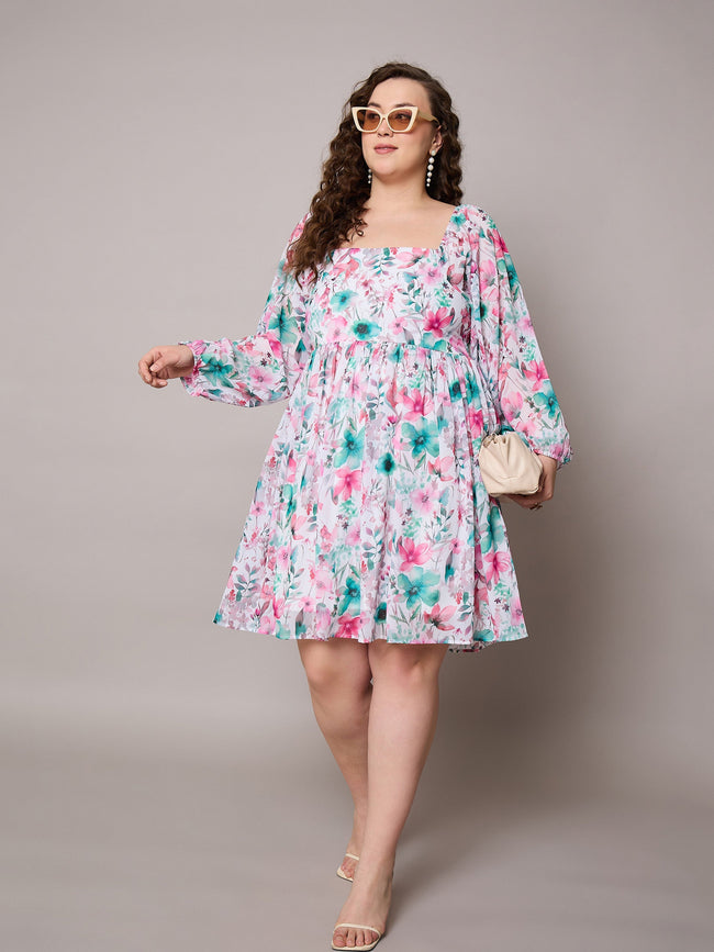 Women Pink Floral Square Neck Short Skater Dress
