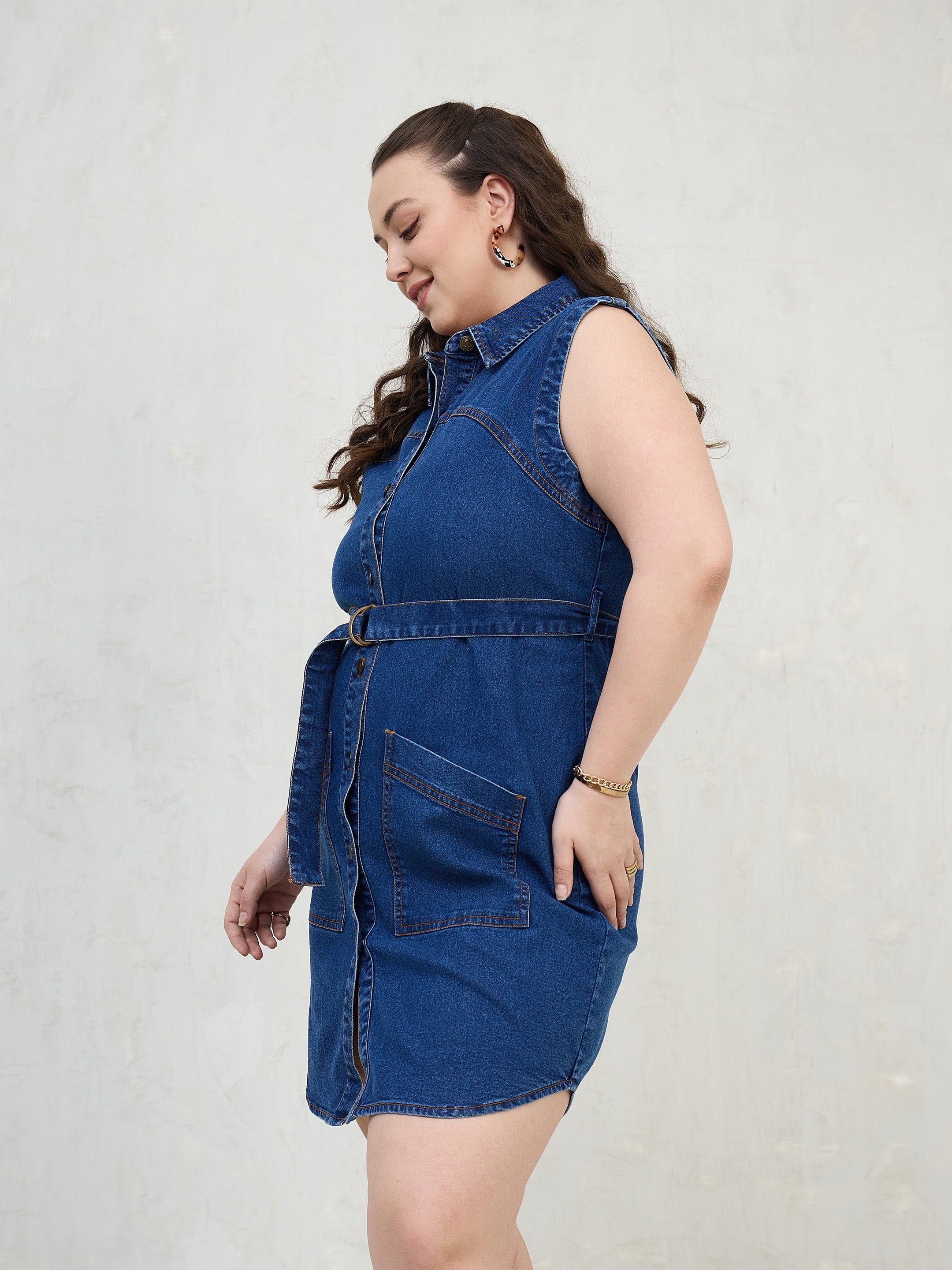 Women Navy Denim Sleeveless Short Dress