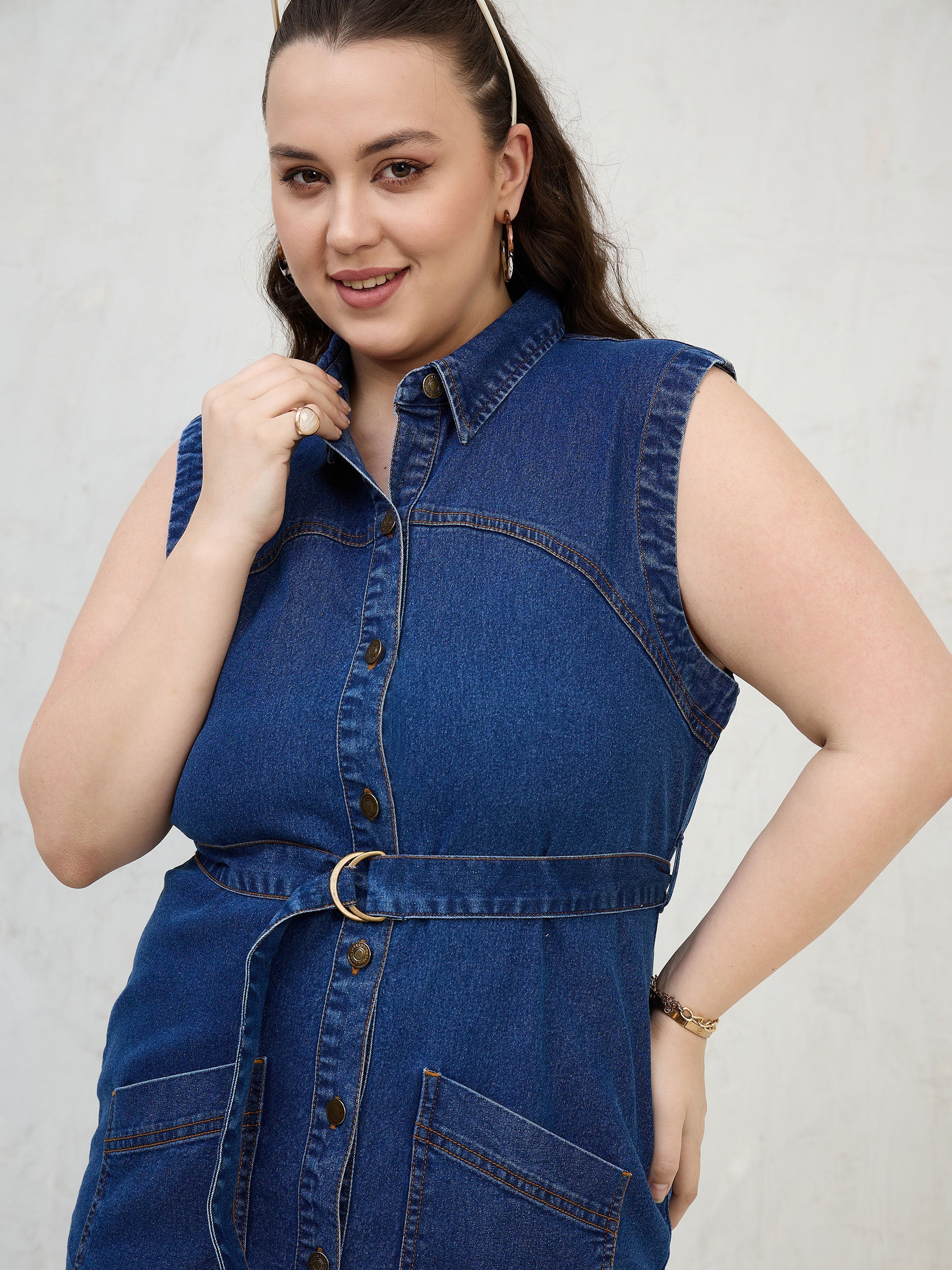Women Navy Denim Sleeveless Short Dress