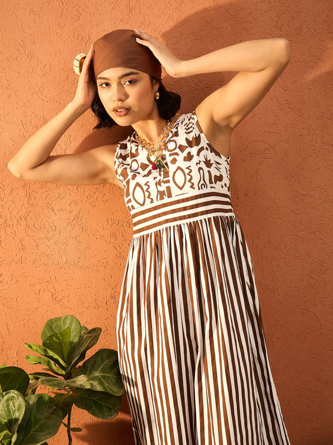 Women Brown & White Stripes Back-Tie Dori Cut-out Tiered Maxi