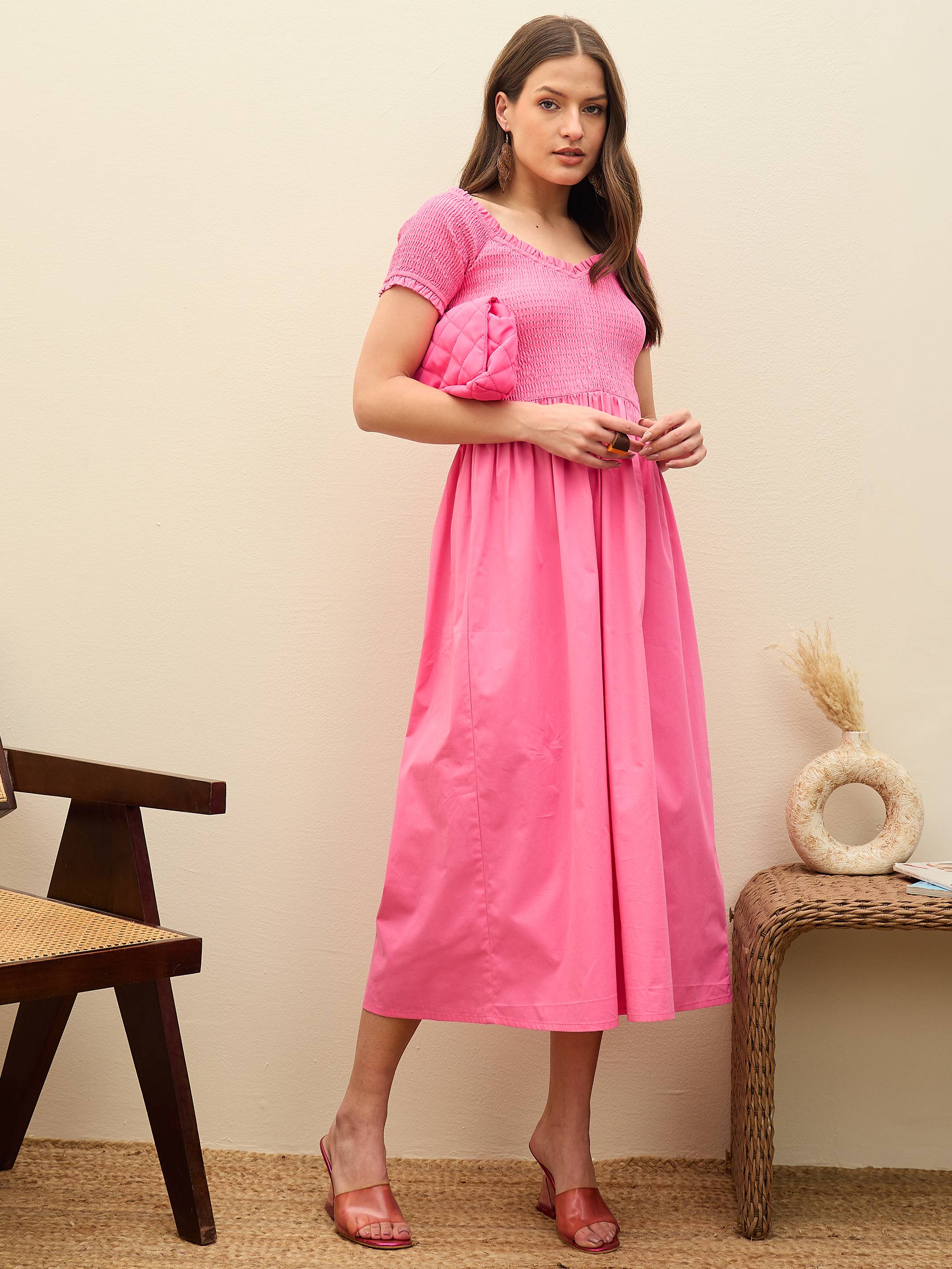 Women Pink Poplin Smocked Midi Dress