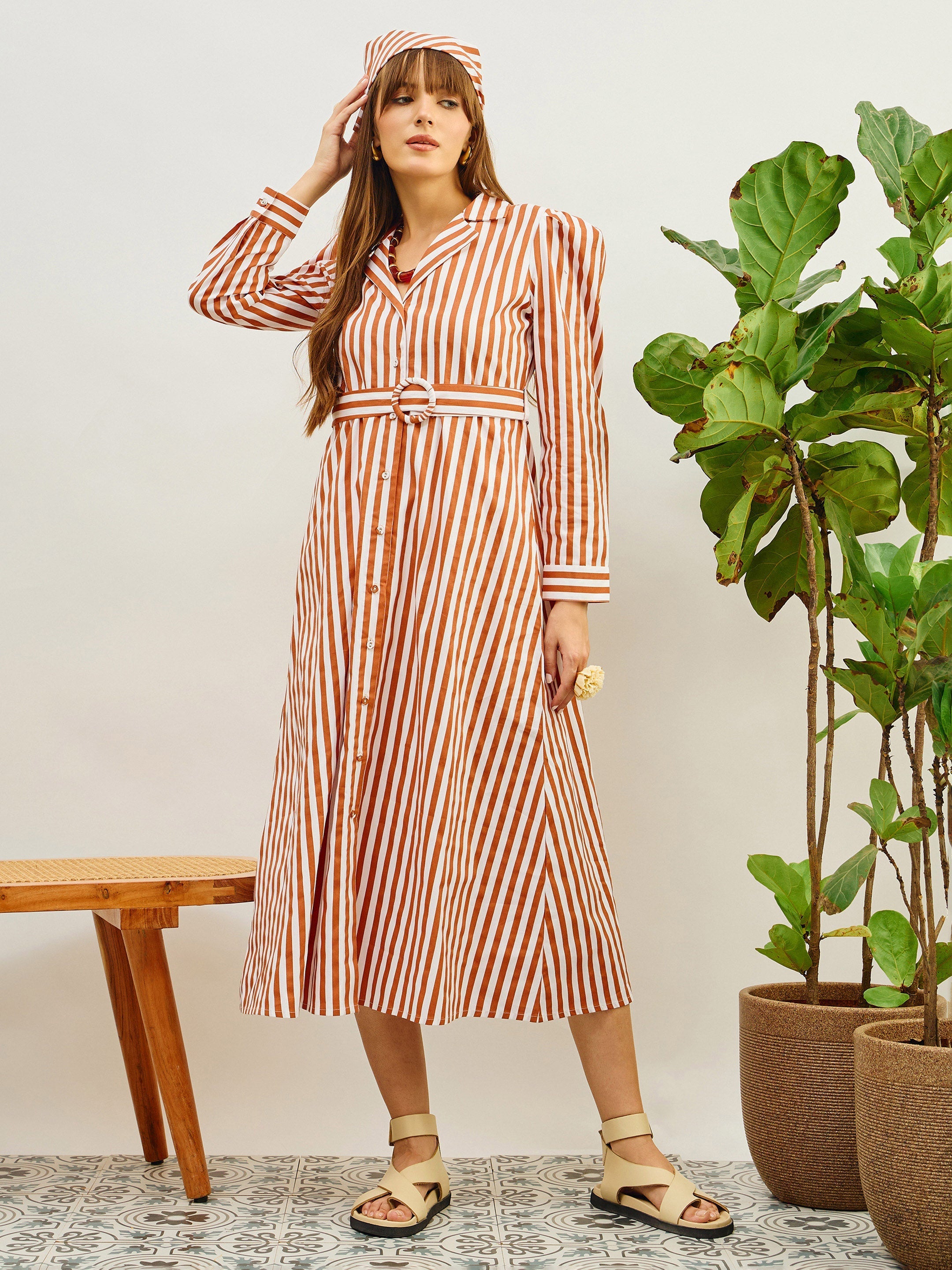Women Brown & White Striped Poplin Belted Shirt Dress