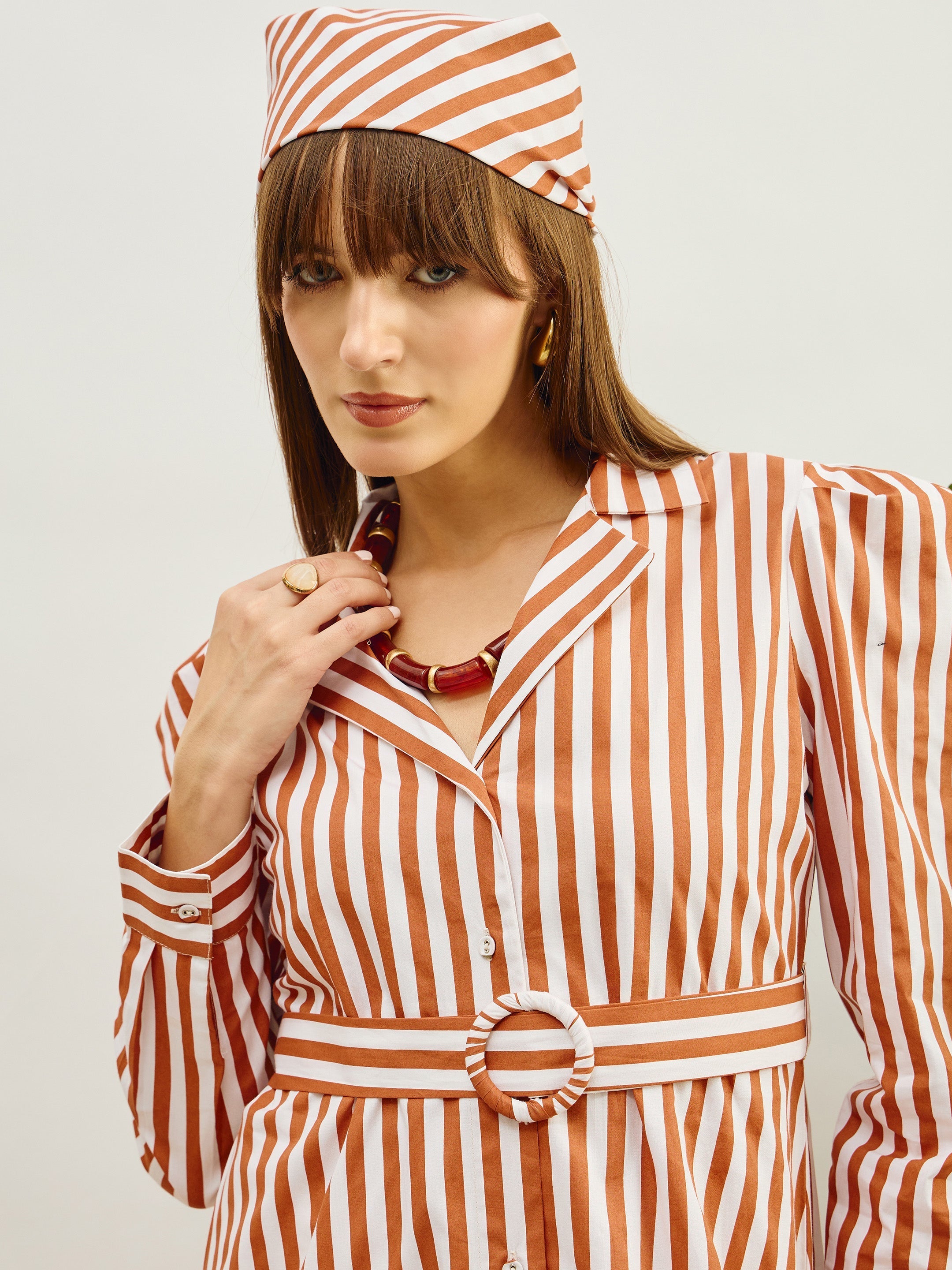 Women Brown & White Striped Poplin Belted Shirt Dress