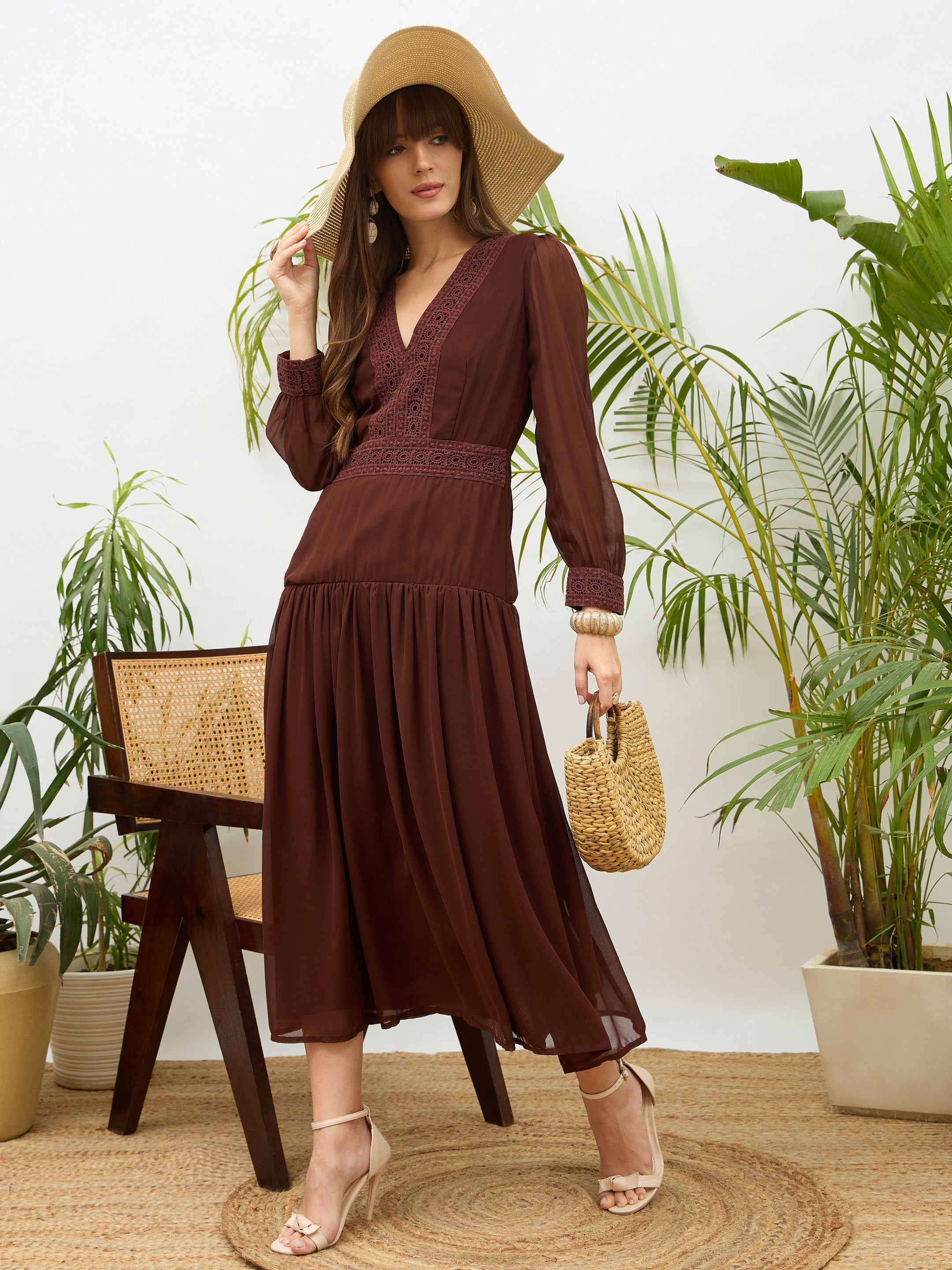 Women Brown V-Neck Lace Detail Maxi Dress