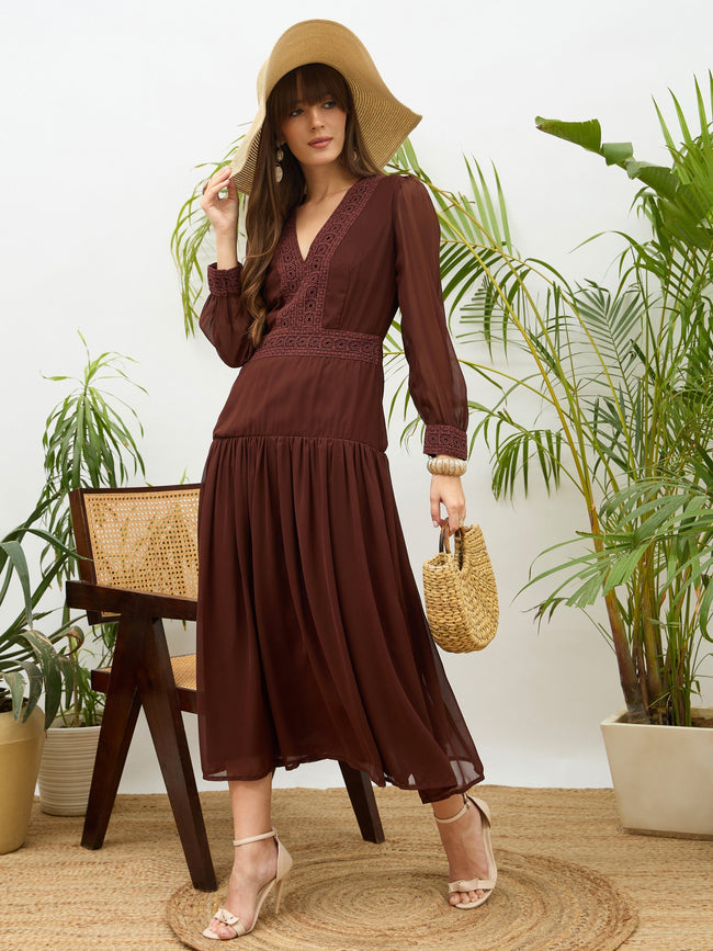 Women Brown V-Neck Lace Detail Maxi Dress