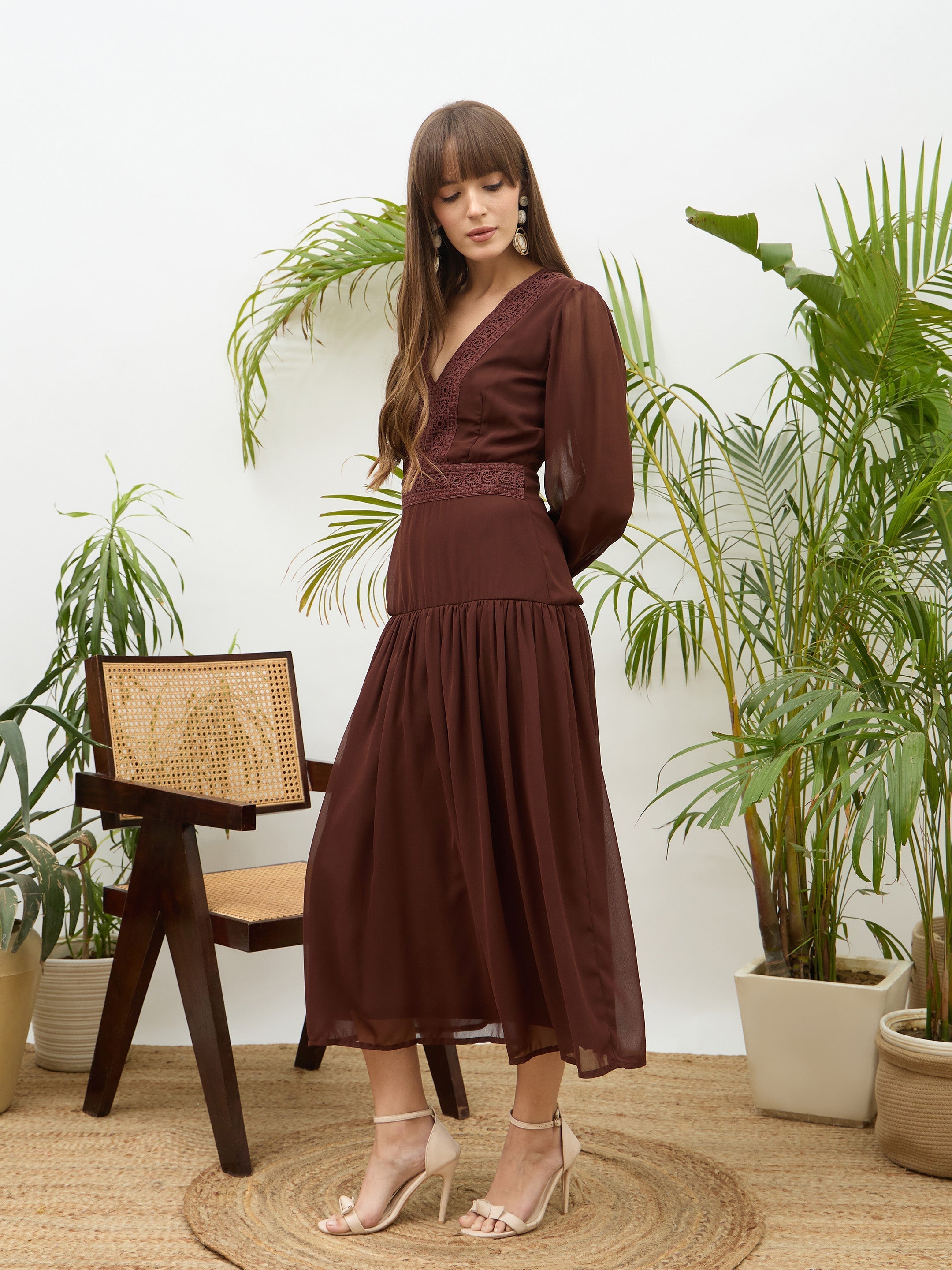 Women Brown V-Neck Lace Detail Maxi Dress