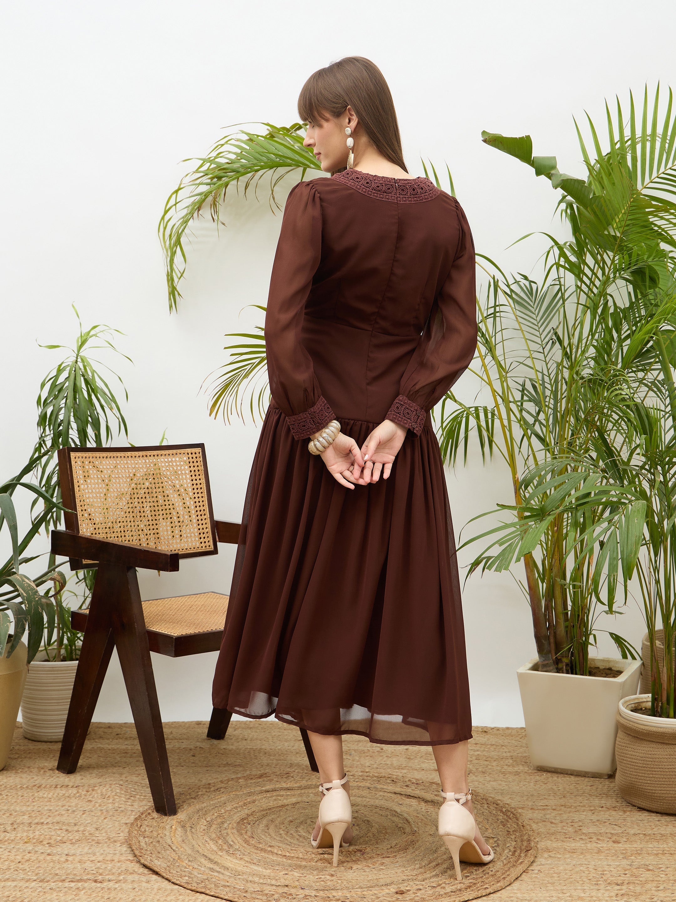 Women Brown V-Neck Lace Detail Maxi Dress