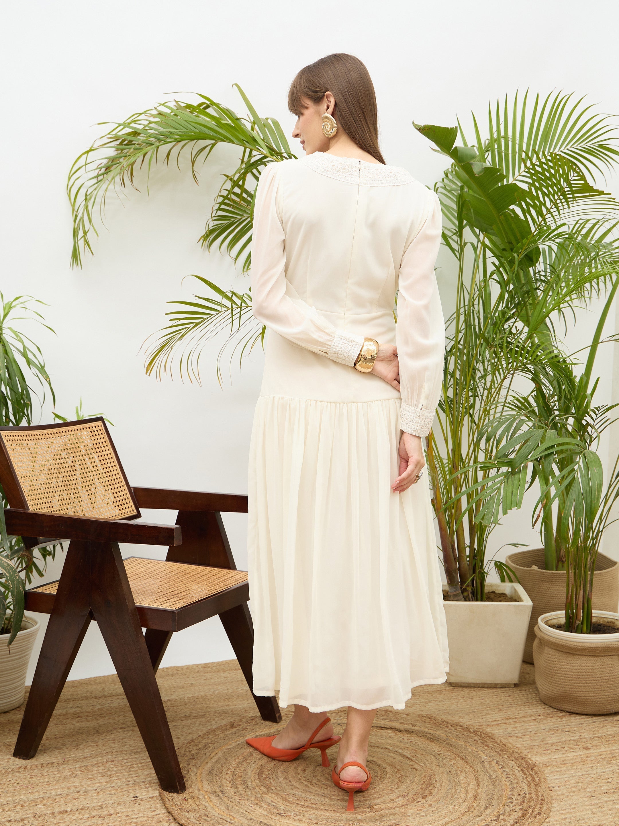 Women Off-White V-Neck Lace Detail Maxi Dress