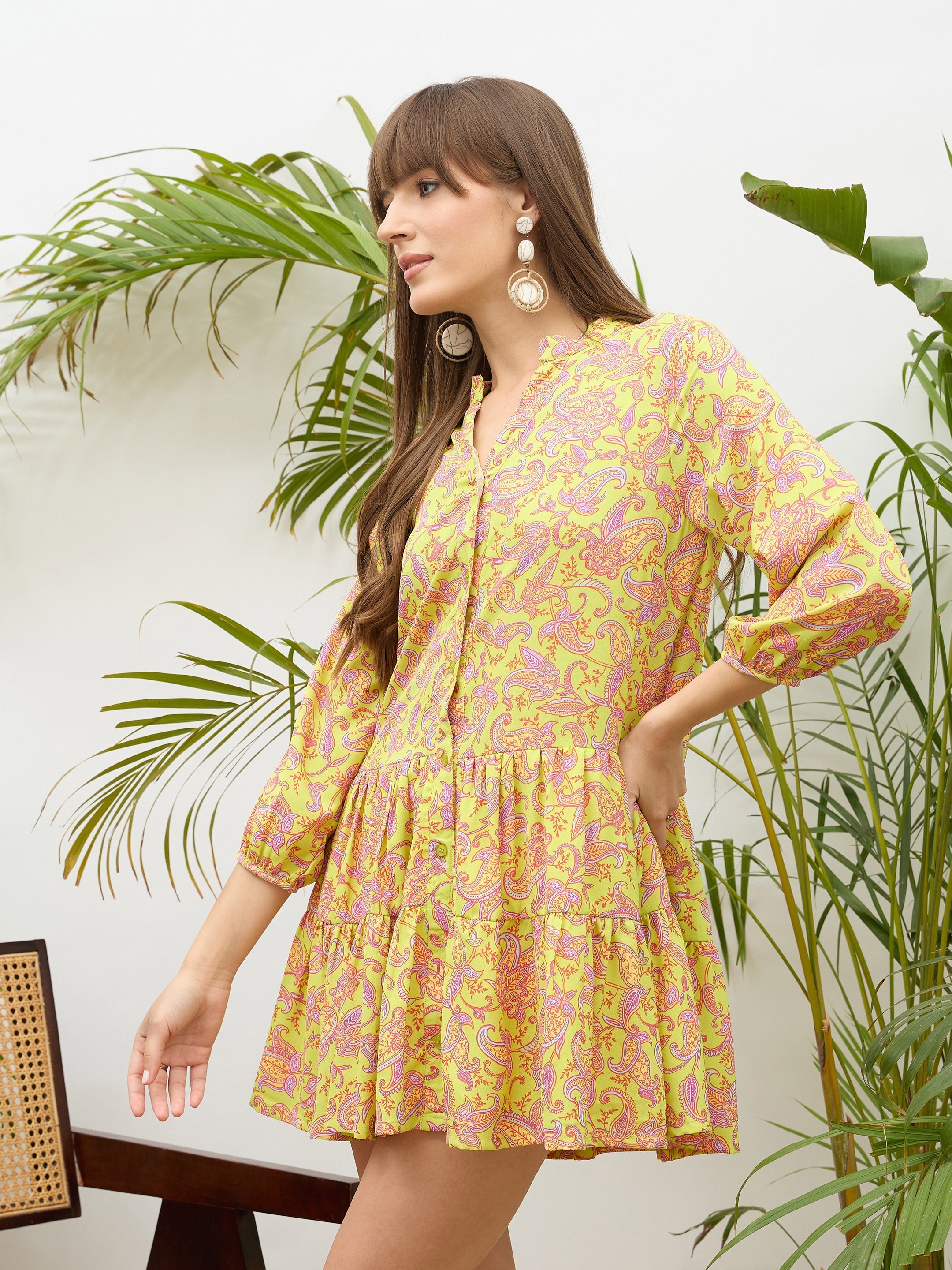 Women Neon Green Paisley Button Down Short Dress