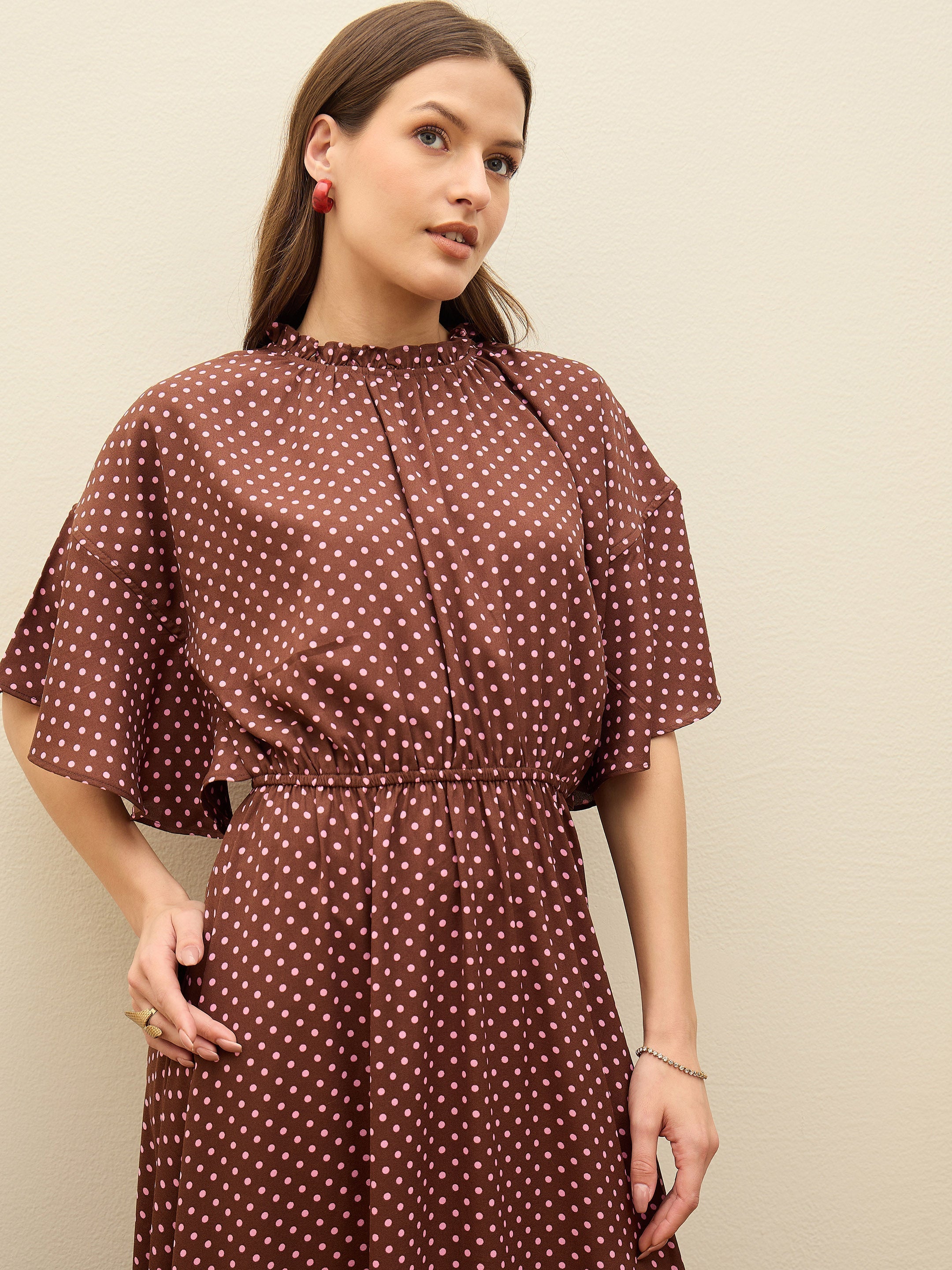 Women Brown Polka Dot Flared Hem Maxi Dress