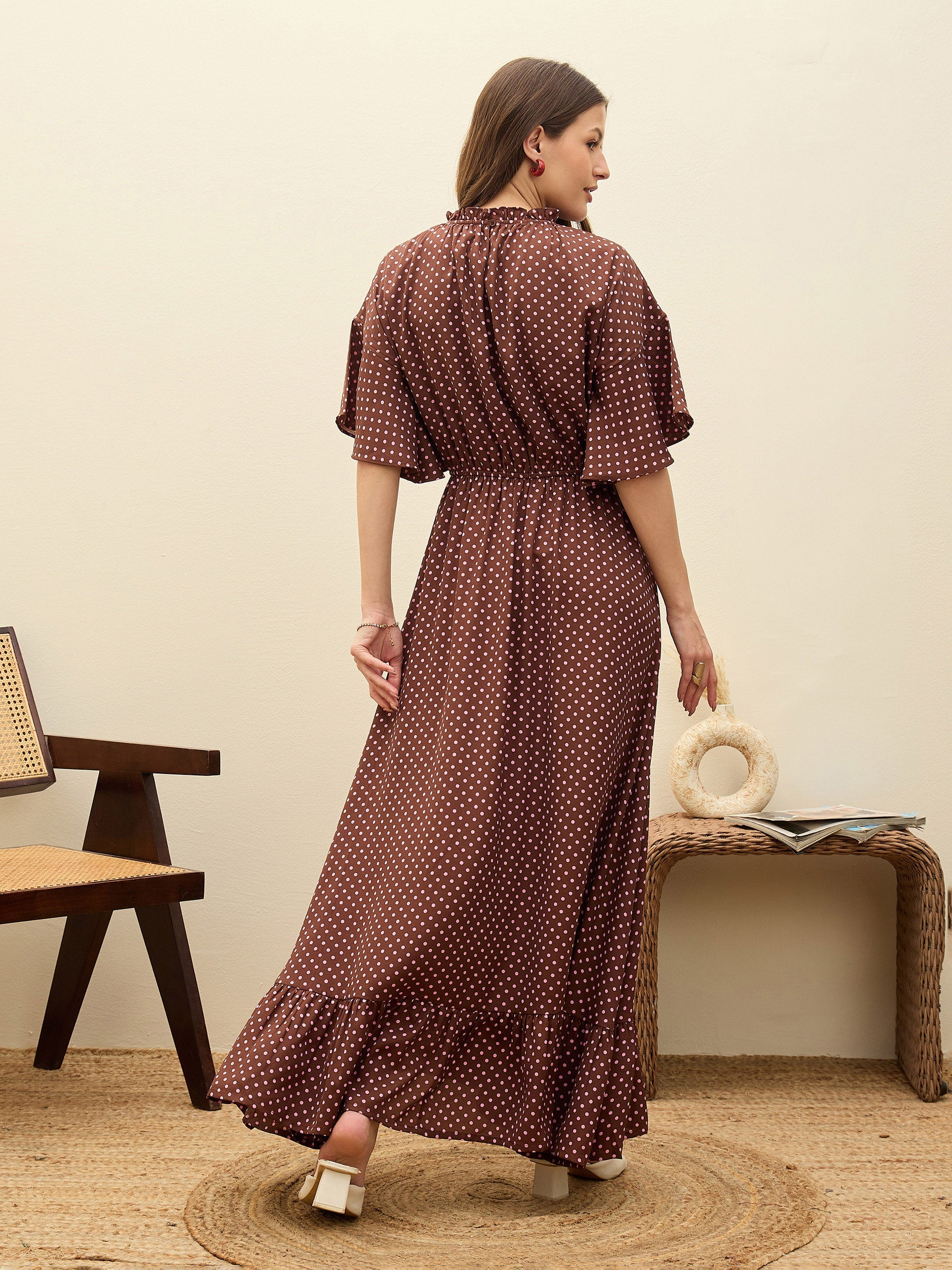Women Brown Polka Dot Flared Hem Maxi Dress