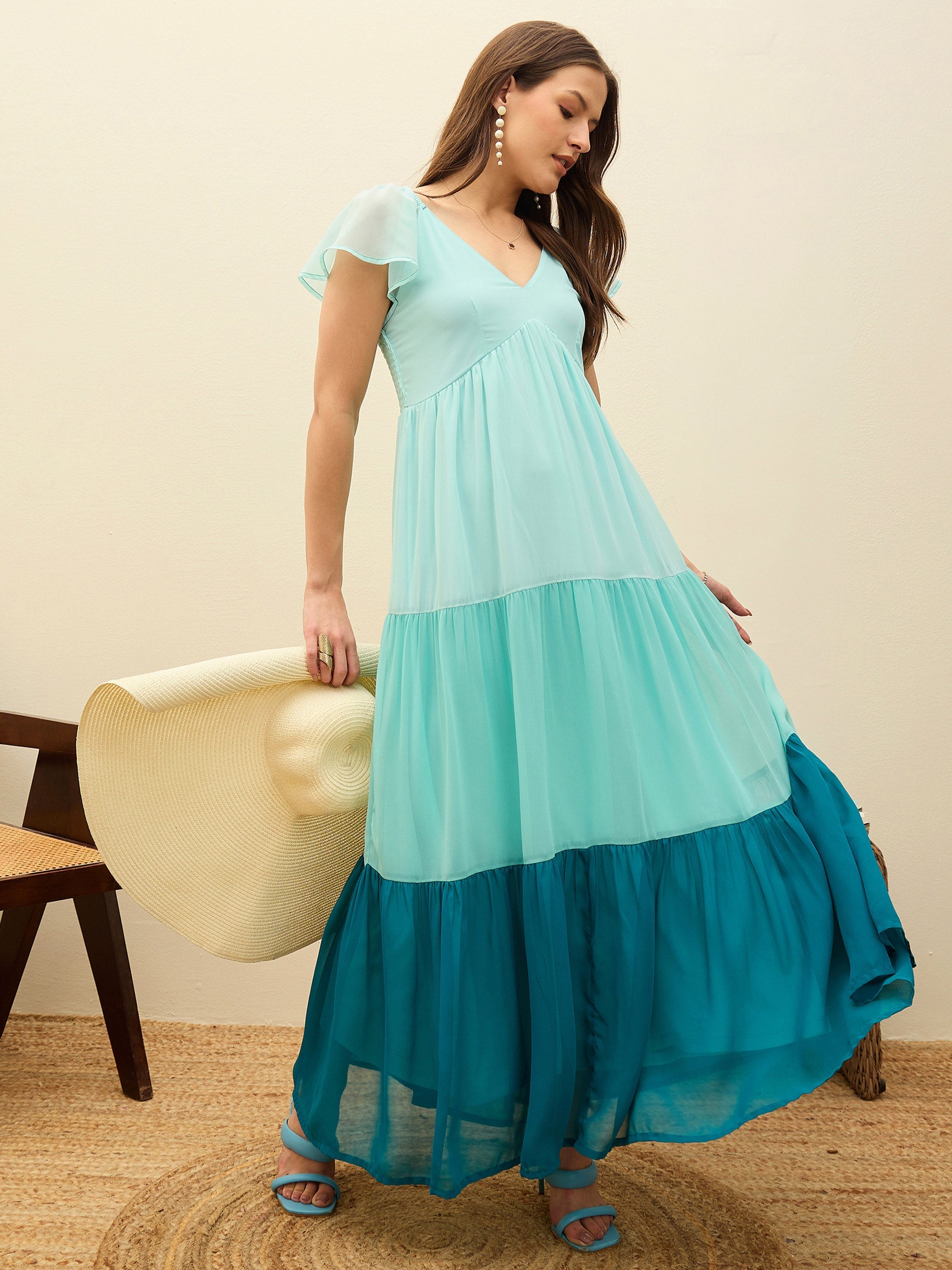 Women Blue Color Blocked Frill Sleeves Tiered Maxi Dress