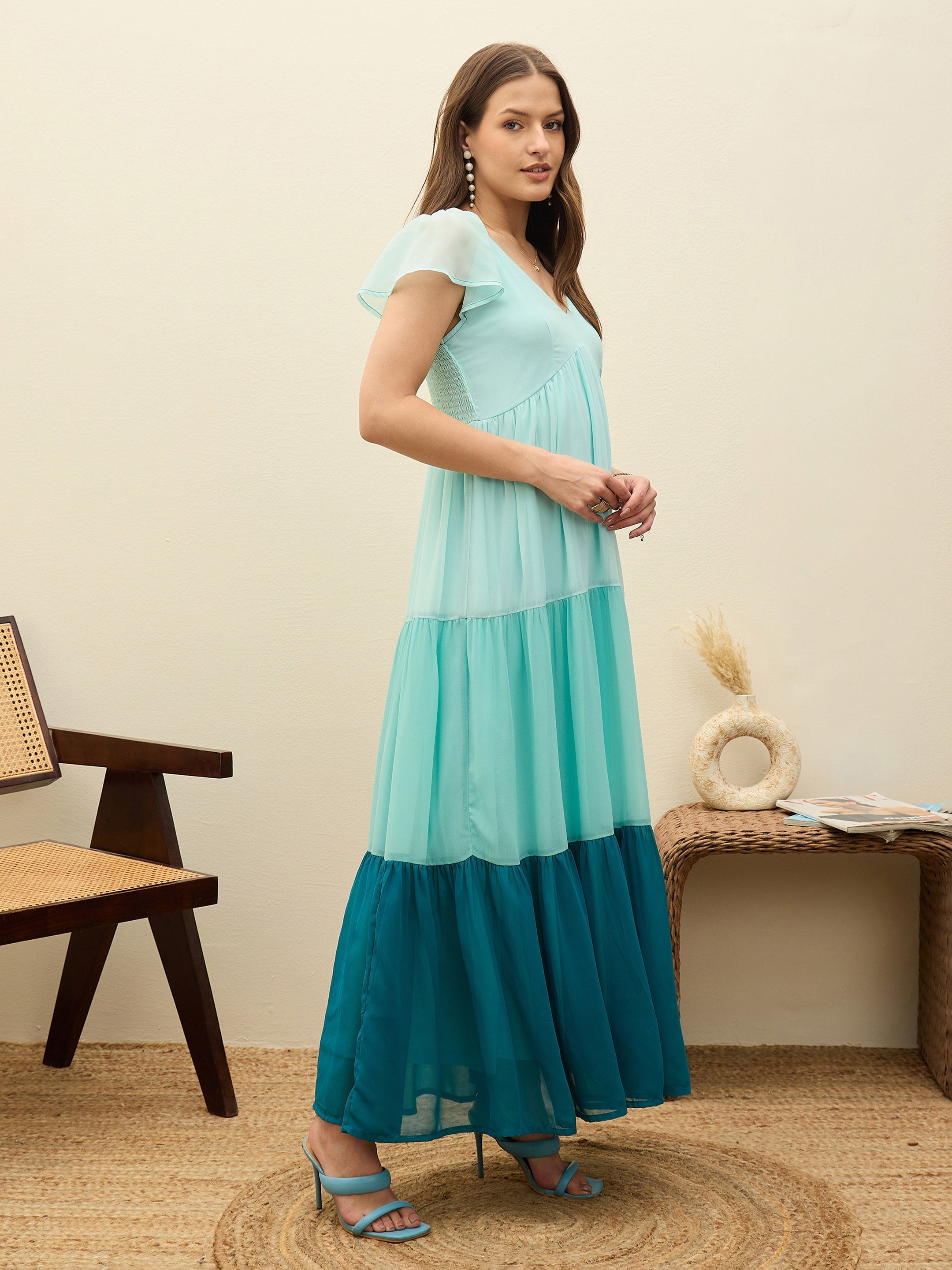 Women Blue Color Blocked Frill Sleeves Tiered Maxi Dress