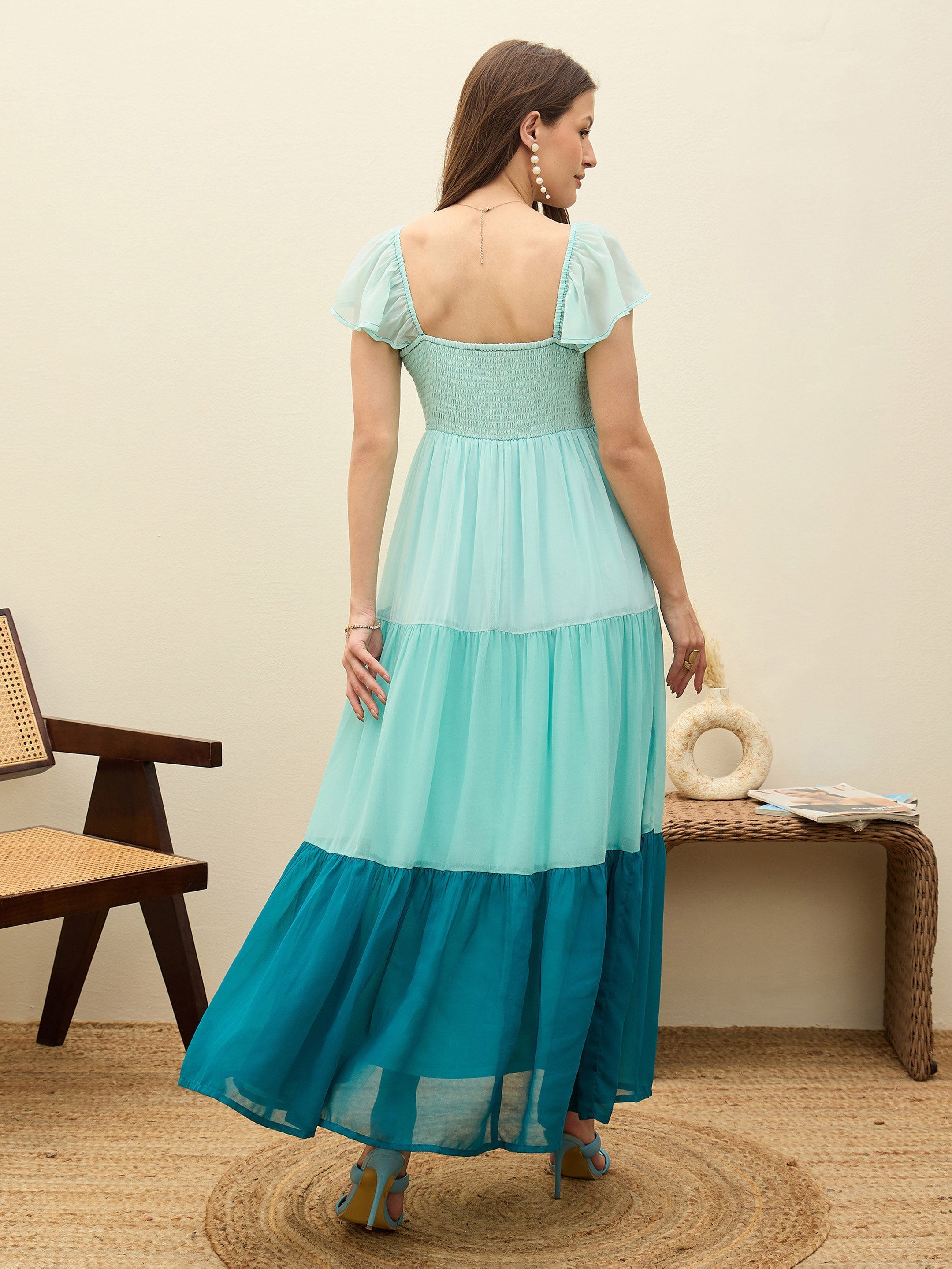 Women Blue Color Blocked Frill Sleeves Tiered Maxi Dress