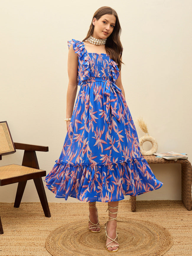 Women Blue Floral Smocked Frill Midi Dress