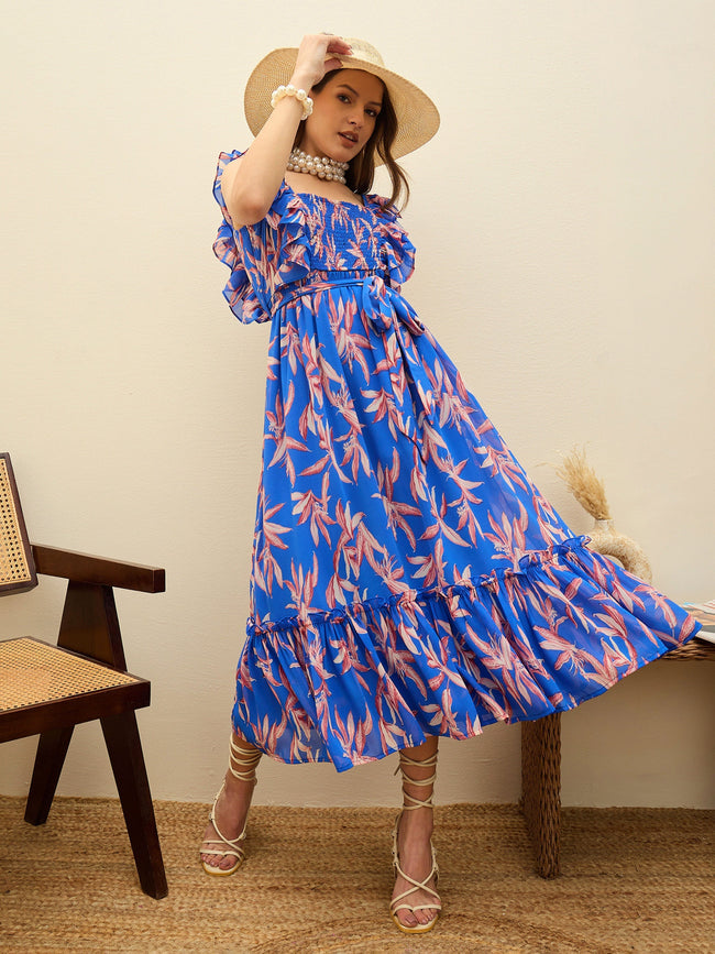 Women Blue Floral Smocked Frill Midi Dress
