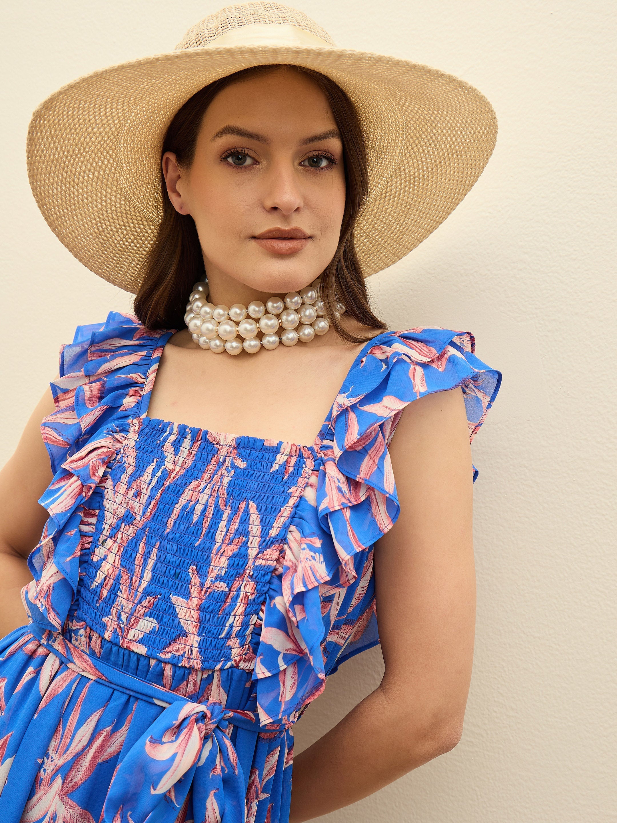 Women Blue Floral Smocked Frill Midi Dress