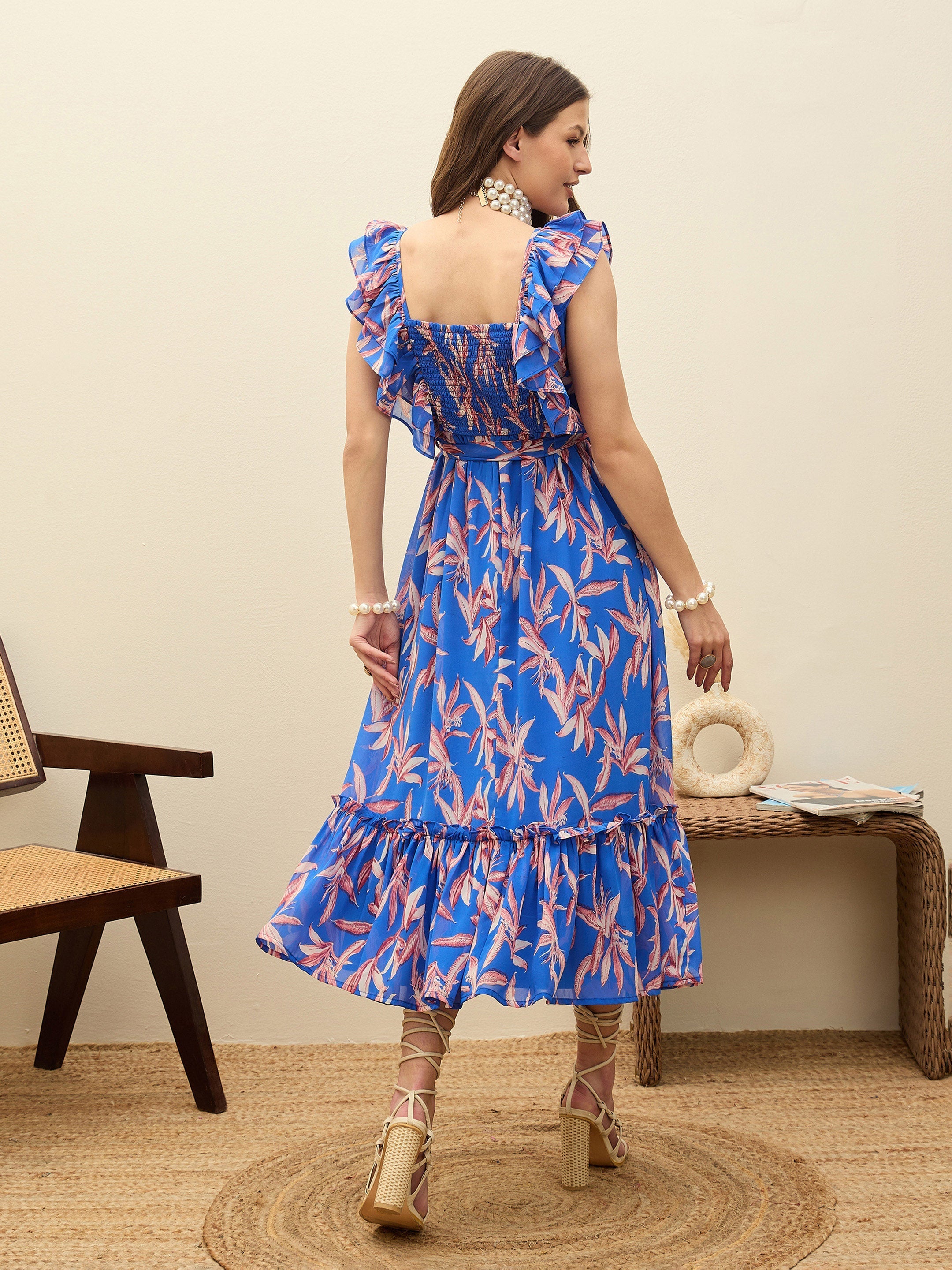 Women Blue Floral Smocked Frill Midi Dress