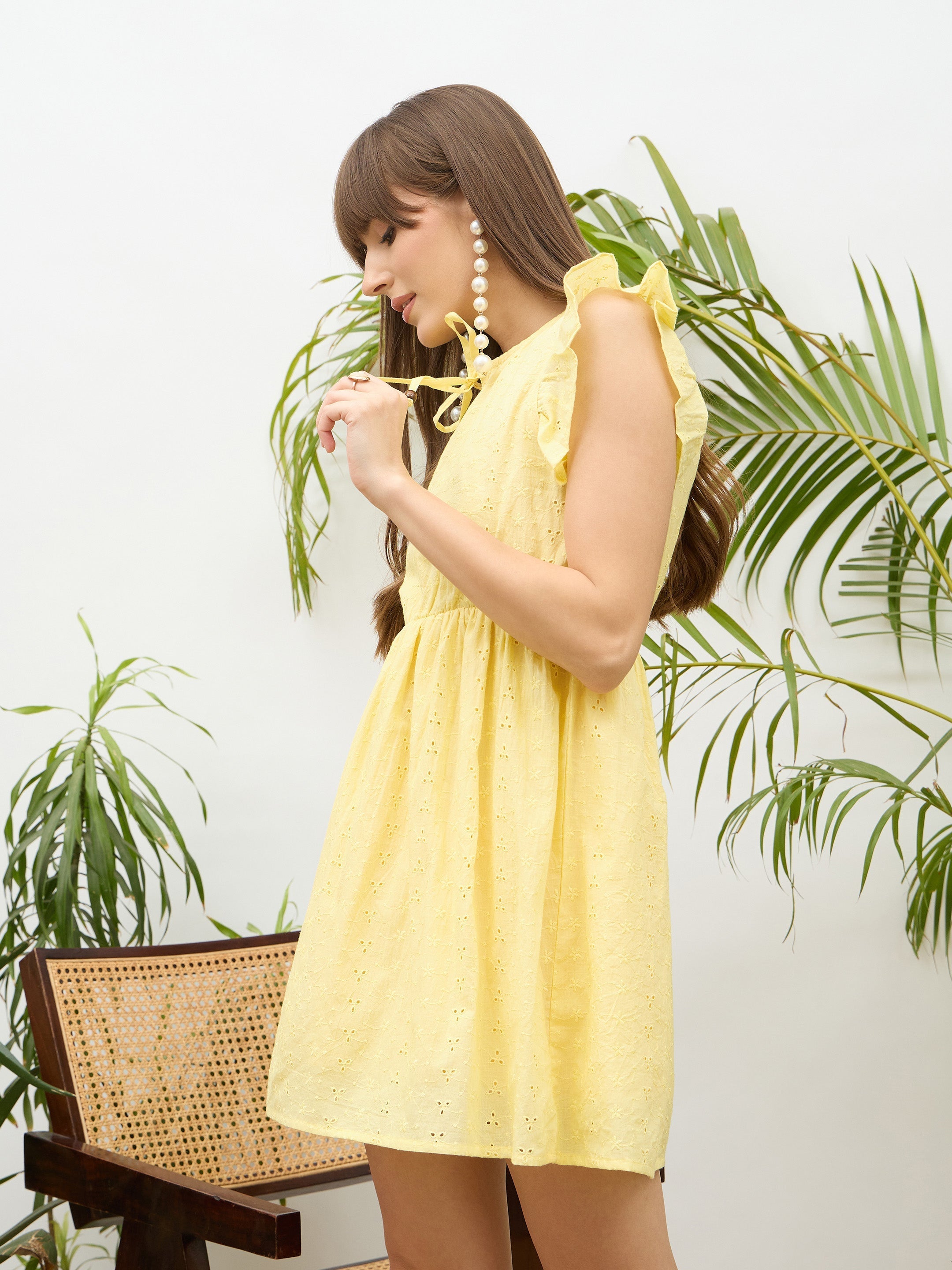 Women Yelow Schiffli Frill Sleeves Short Dress
