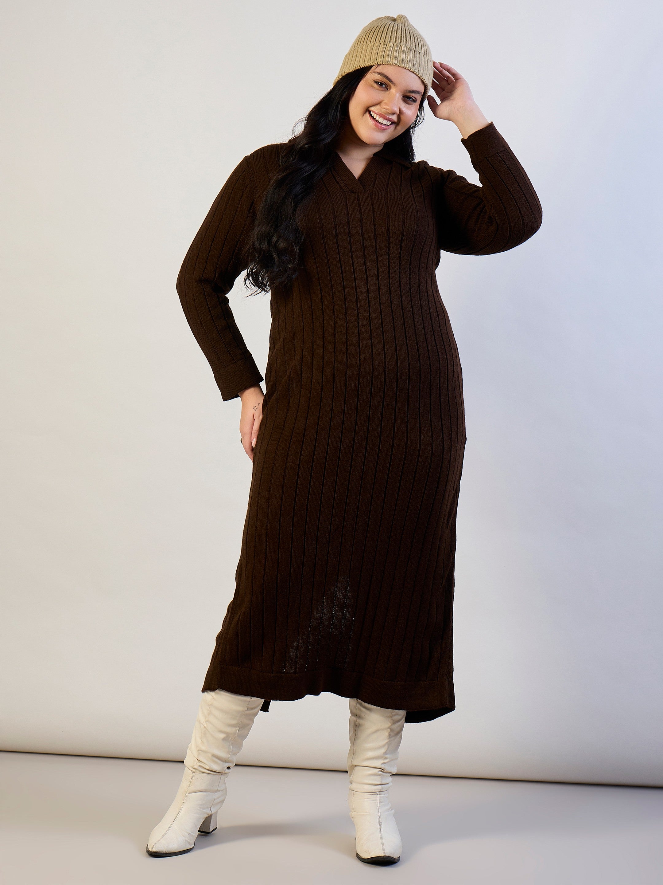 Women Brown Solid Acrylic Wool Collar Midi Dress