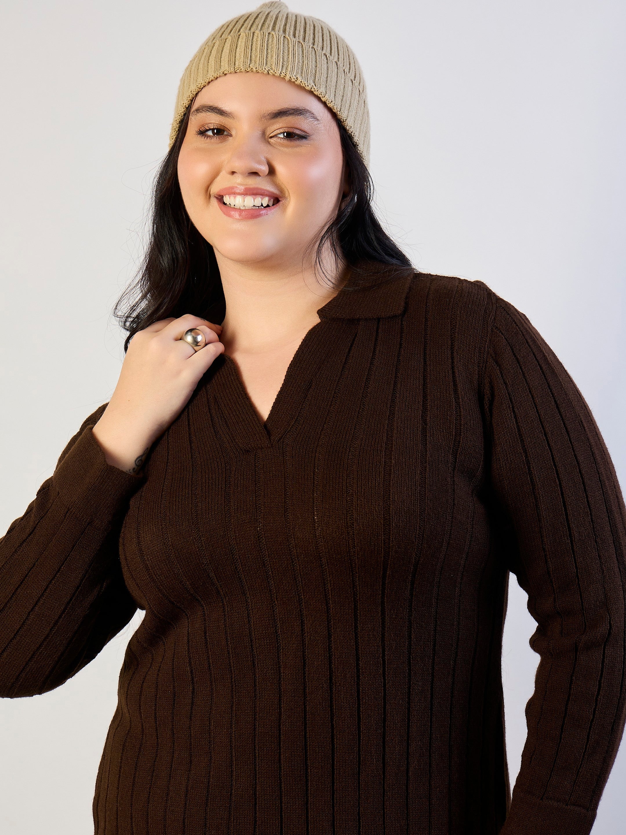 Women Brown Solid Acrylic Wool Collar Midi Dress