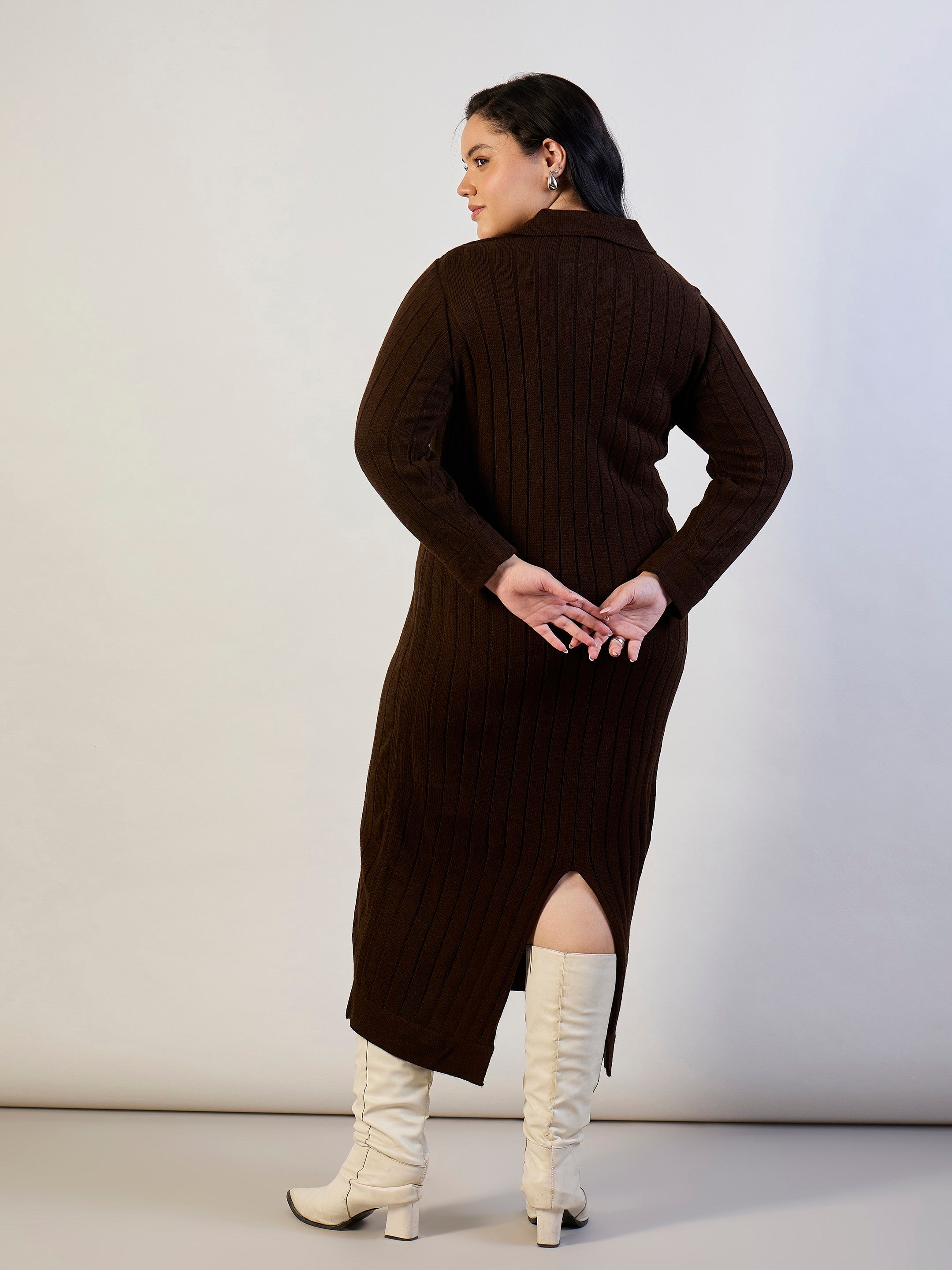 Women Brown Solid Acrylic Wool Collar Midi Dress