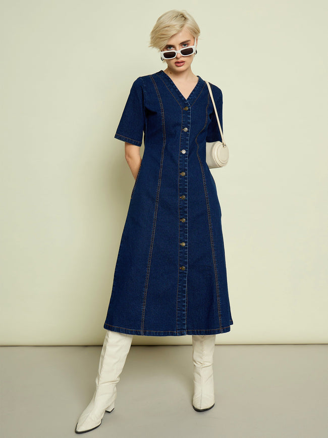 Women Navy Blue Denim V Neck Midi Dress